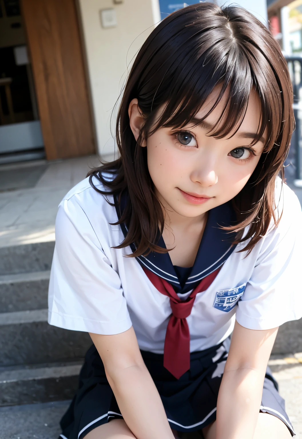 teens girl(masterpiece:1.4)、(8K、realisitic、Raw photo、top-quality:1.4)、japanes、((:1.3)), (1girl in)、beauitful face、(Real Face:1.4)、(Caramel hair、long:1.3)、Beautiful hairstyle、realisticeyes、Beautiful Detail Eye、(Real Skin:1.3)、Beautiful skin、enticing、超A high resolution、A hyper-realistic、high-detail、the golden ratio、High School Girl Uniform Skbic area visible、sit on stairs、((Bend your knees and open your legs))、frontage