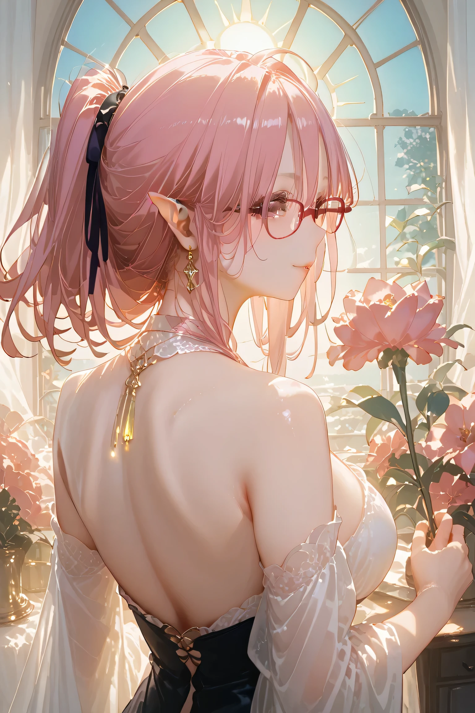 solo、 One Girl 、adultの女((( Age 25、 adult、Big Breasts ))) woman、((( A peerless beauty、The embodiment of beauty、So beautiful、goddess)))、 Supermodel 、 golden proportions )) short bob hair、 milky pink hair、Red glasses、 magenta eye 、 elf ears :0. 5、indoor、In front of the window、Strong light from the window、(((Backlight:3.4)))、