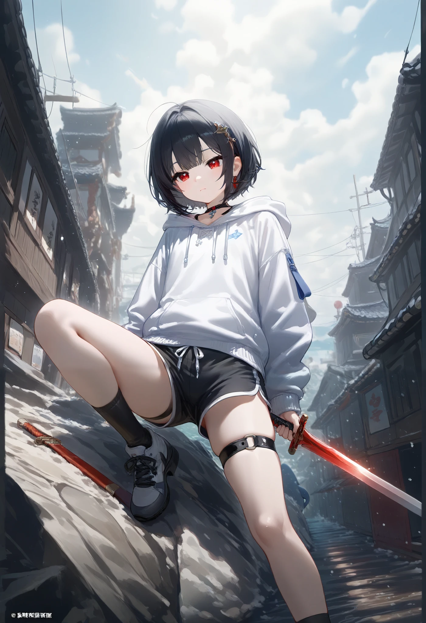 ((최고의 품질)), ((걸작)), (상세한), 완벽한 얼굴, SOLO, 1 BOY, SHOTA, ANIME, beautiful detailed eyes, BOB hair, BLACK hair, red EYES, BARE thighs, (((BARE LEG))), ((BLACK Dolphin shorts)), (((Hoodie))), Flat chest, Choker, expressionless, (Thigh strap),RUIN CITY, ((DICK)), (black Socks),((sword))