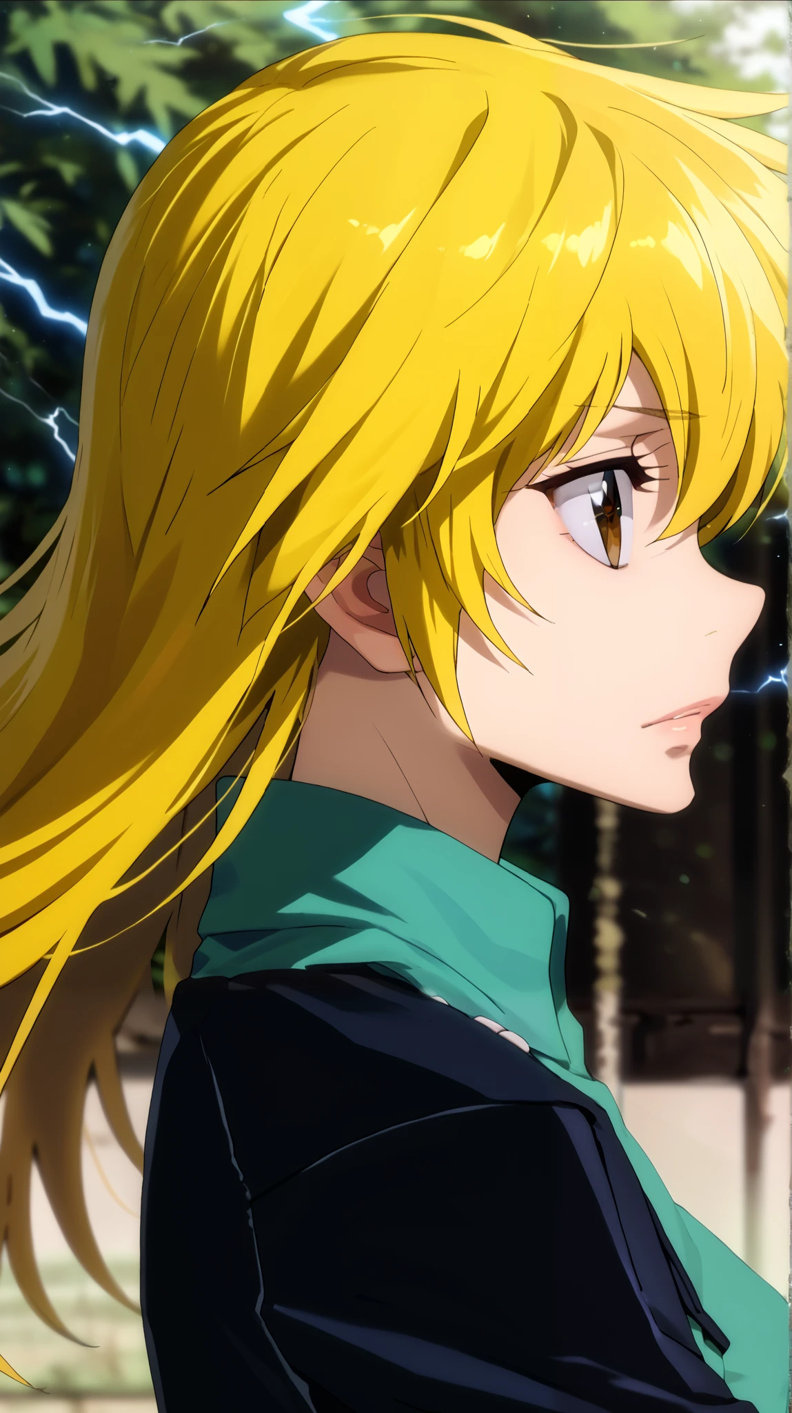  1 girl fights,  in profile ,  clear focus ,  soft lighting , ( Very detailed face  ), ( very detailed eyes  ),  1 adult girl , кареглазая  blonde  ,  Depth of field  , ((  looks at the viewer )),  in profile  (( long bright yellow hair develops in the wind,  long blond hair to the waist )), shorts,  blonde  ,  long sleeves,  brown eye  , khaki t-shirt (( of the military-colored shirt )), high,  small bust , Breasts, shorts,  black leather thigh length boots  , in the anime style katekyo hitman reborn  ,  against the background of green electric lightning ,  green electrical discharges around the body, slightly opened her lips , blush,  long hair to the waist ,  long yellow hair 