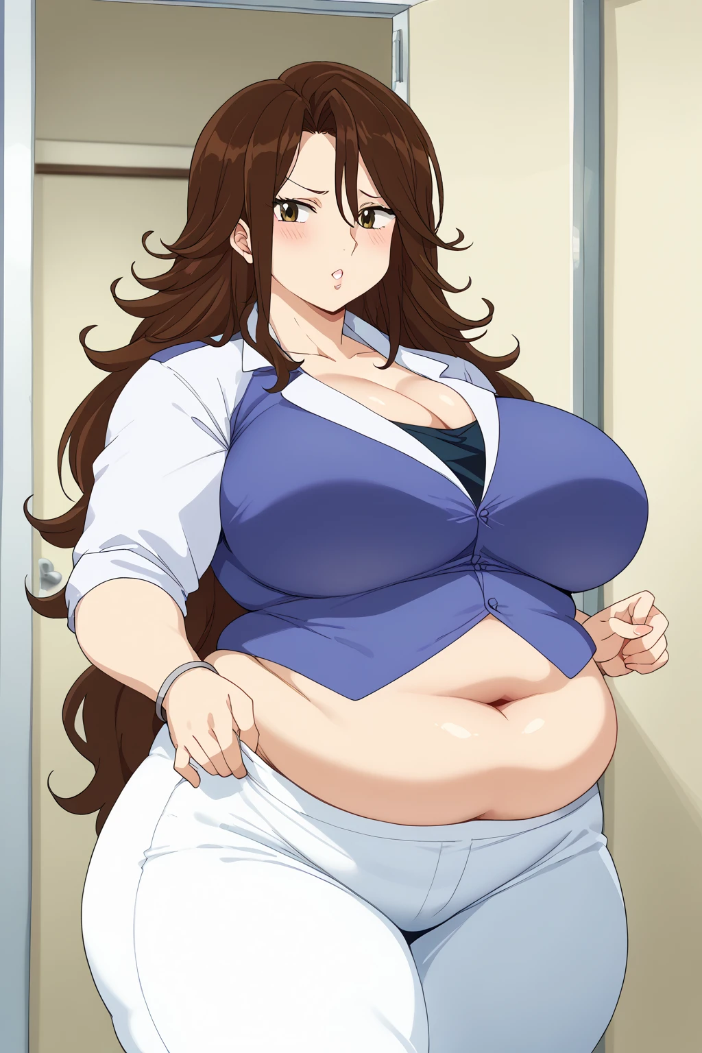  Sumeragi Lee Noriega ,  Sumeragi Lee Noriega ,cb uniform , cropped jacket, White trousers,Obese middle-aged woman, troubled expression, embarrassing expression ,milf, chubby, score_9,  score_8_ up、 score_7_ up、 score_6_ up、 score_5_ up、 score_4_ up、 masterpieces at the front door of the house、 top quality , very aesthetic,  absurd、 source screen cap ,  one woman、Alone、 personal  、 brown eyes、 brown hair 、 long hair、Super huge breasts,  super huge clevis、Super huge, Super huge boob,Curvy、 wide hips、 