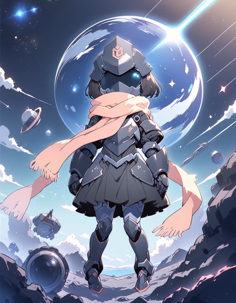 Detailed 8k cute theme , Girl in an iron helmet covering her entire face and scarf ,  short hair disheveled black wearing black technological armor with outer space in the background ( full body )