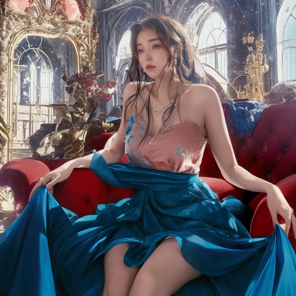 ((In front of the castle walls((Girl lying on a marble table on a large floor))、((Lying on a marble table))))、Fluorescent color、One Girl、Looking to the side、Beautiful Face、Beautiful Eyes、(From the shoulder down:1. 2)、Upper Body、Shiny Hair、Glowing Skin、Reduce glare、Adjust finger proportions、eyebrow、Butt、Dynamic Angle、((Master part))、((Highest quality))、((ultra details))、(An illustration)、(Detailed light)、(Very delicate and beautiful)、Dramatic Shadows、Ray tracing、reflection、Ultra-high resolution、((Master part))、((Highest quality))、((ultra HD))。 Ultra-high resolution、((Colorful and black hair mesh girl))、Her hair flutters in the wind、(Big deep blue eyes)、Black-haired woman、Sparkling Butterfly、black-。 Black Haired Woman、Spots of light around the woman、Magical Aura、Green dot、About Aura Natural、Super Magic Ora Black Haired Woman、 ((Translucent pink open shoulder dress: 1. 3)、(Sleeveless)、((The skirt is soaring in the wind))、((An old European castle is hazy in the distance))、(White panties are visible)