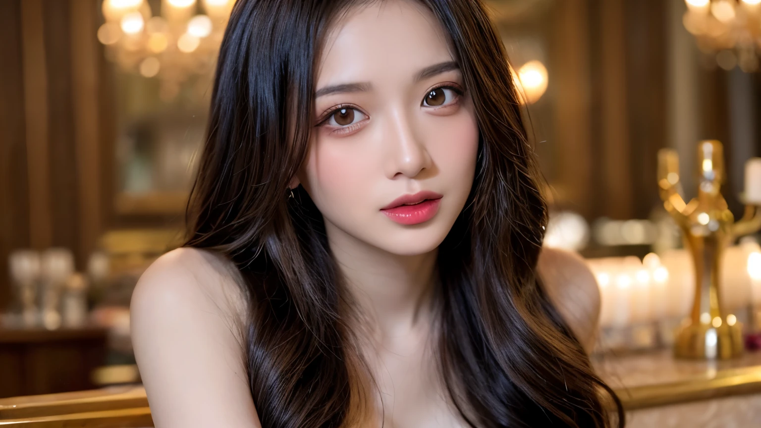 a glamorous woman, with long silky hair, an alluring smile, wearing a sparkling gold slit dress, confidently leaning against a luxurious bar counter with dim, warm lighting. She holds a golden champagne glass, surrounded by elegant decor like chandeliers and glowing neon lights, exuding a sensual and festive atmosphere, a luxurious ballroom with chandeliers and polished marble floors, with the main character elegantly posed in the nearly center, close-up shot, horizontal landscape images, {realistic}, {cinematic}, {photogenic}