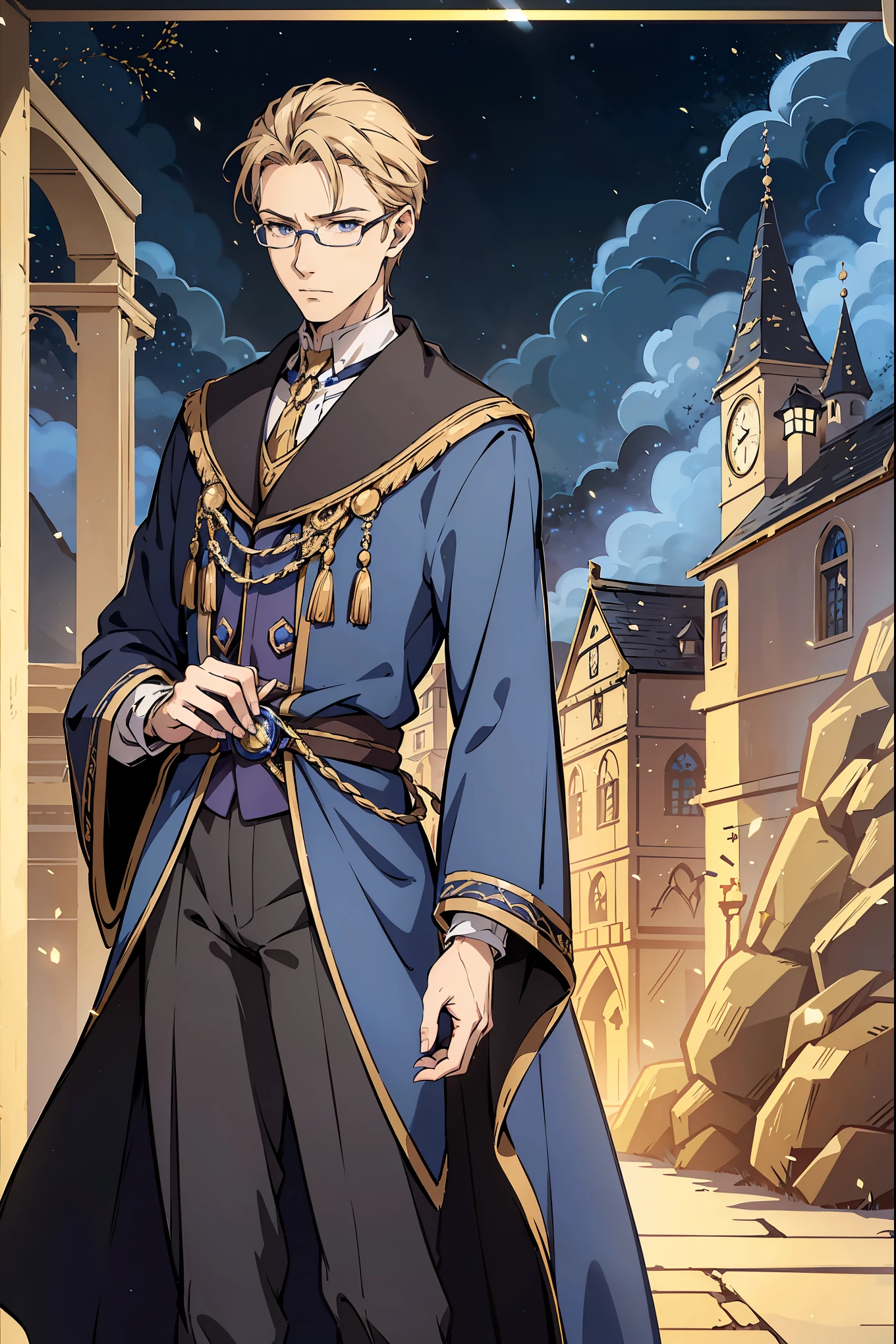 tall man, adventurers uniform, magicians robe, male magician, white dark blue gold robe, short blond, small glasses, magic wand, serious expression, sharp face contours, dark blue eyes, detailed eyes, small village background, old village background