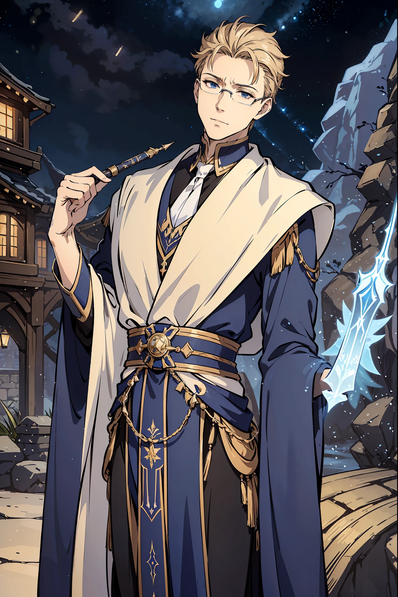 tall man, adventurers uniform, magicians robe, male magician, white dark blue gold robe, short blond, small glasses, magic wand, serious expression, sharp face contours, dark blue eyes, detailed eyes, small village background, old village background