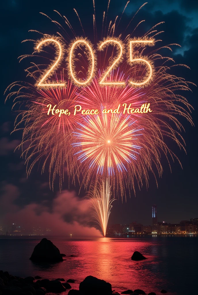 Make an inscription Happy New Year 2025 with the words Hope, Peace and Health. Background fireworks