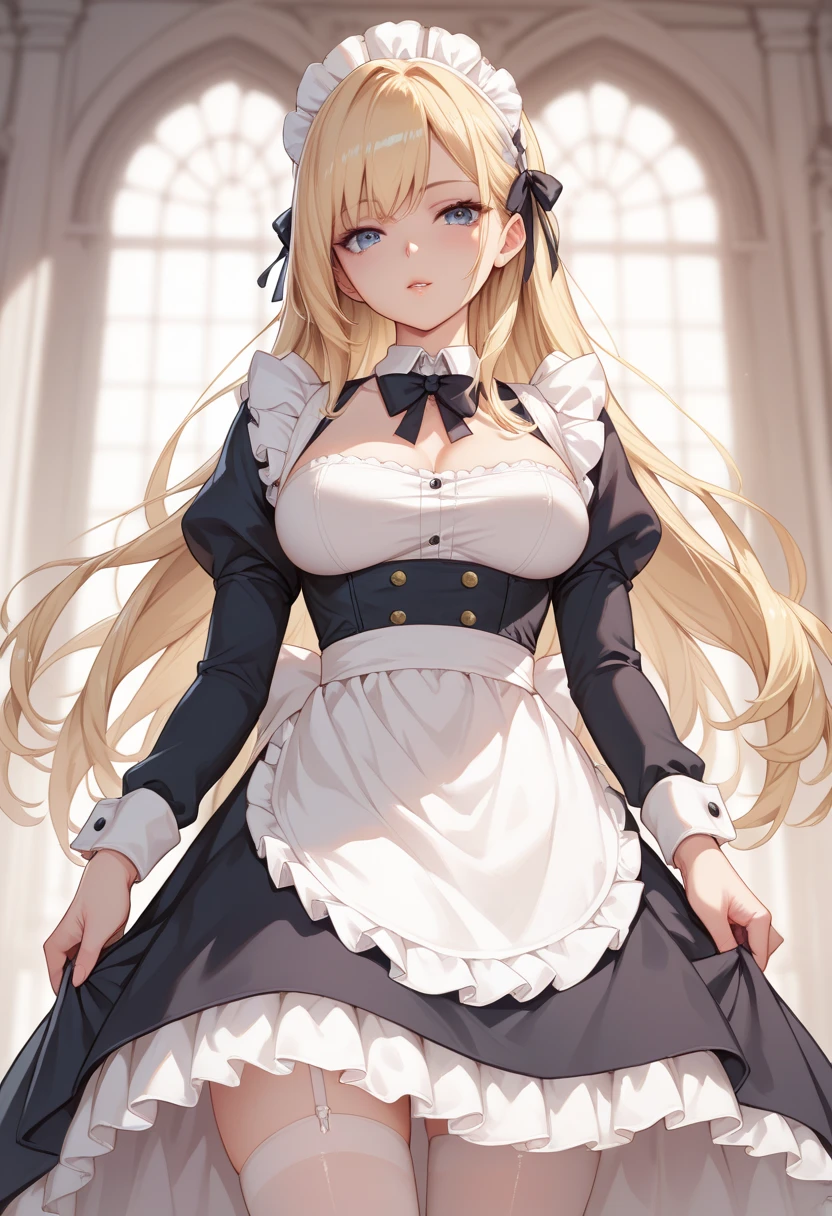    beautiful long blonde 　maid, maid apron, maid headdress, puffy sleeves　  long skirt　 open your crotch　 facing the front　full shot　bdsmcage 