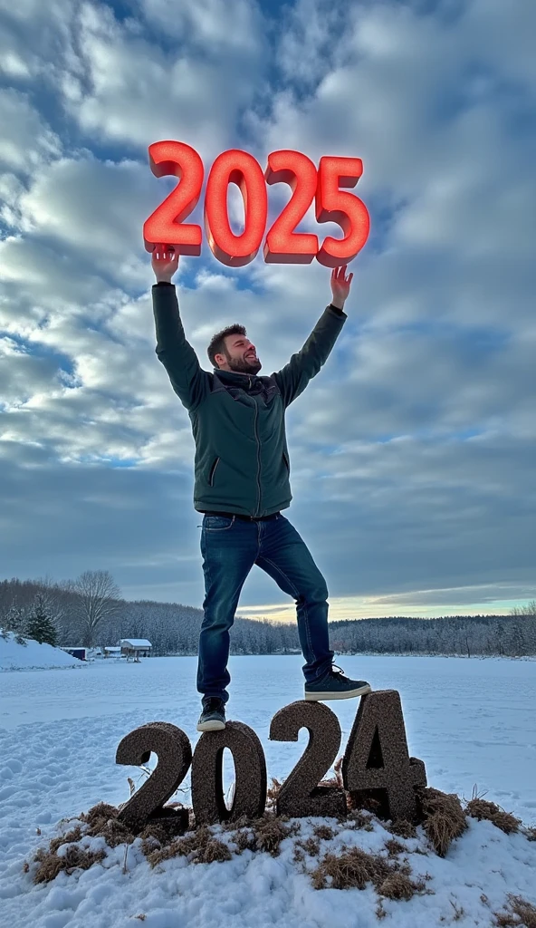 Flux Prompt (English):
“A hyper-realistic, cinematic, and spectacular winter scene featuring a handsome man dressed casually. He is stepping firmly on a large, cracked 3D number ‘2024’ made of earth, which is crumbling under the weight of his foot. Above in the sky, a 3D number ‘2025’ is floating, glowing slightly, and he reaches toward it with an expression of joy and hope, his hands extended upward. The setting is cold, with a soft winter light and visible breath in the air, creating a dramatic and inspiring atmosphere.”