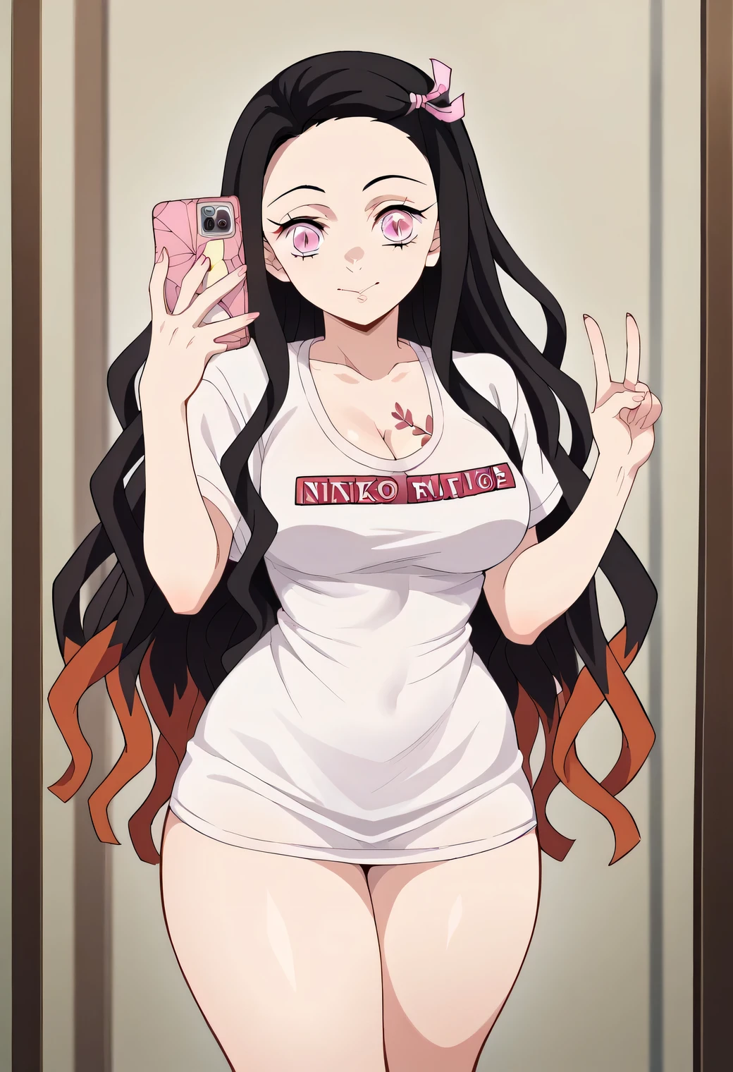 score_9, score_8_up, score_7_up, source_anime, nezukokamado, nezuko kamado, black hair, forehead, hair ribbon, long hair, multicolored hair, pink eyes, orange hair, slit pupils, wavy hair, two-tone hair, cleavage, demon girl, tattoo, thighs, thick thighs, thighs, wide hips, large breasts:1.3, bedroom, thick thighs, wide hips, looking at viewer,pajamas challenge, arm behind back, bare arms, white shirt, hand up, hands up, holding, holding phone, looking at phone, pajamas challenge (meme), selfie, shirt, shirt tug, smartphone, standing, t-shirt, thick thighs, thighs, wide hips