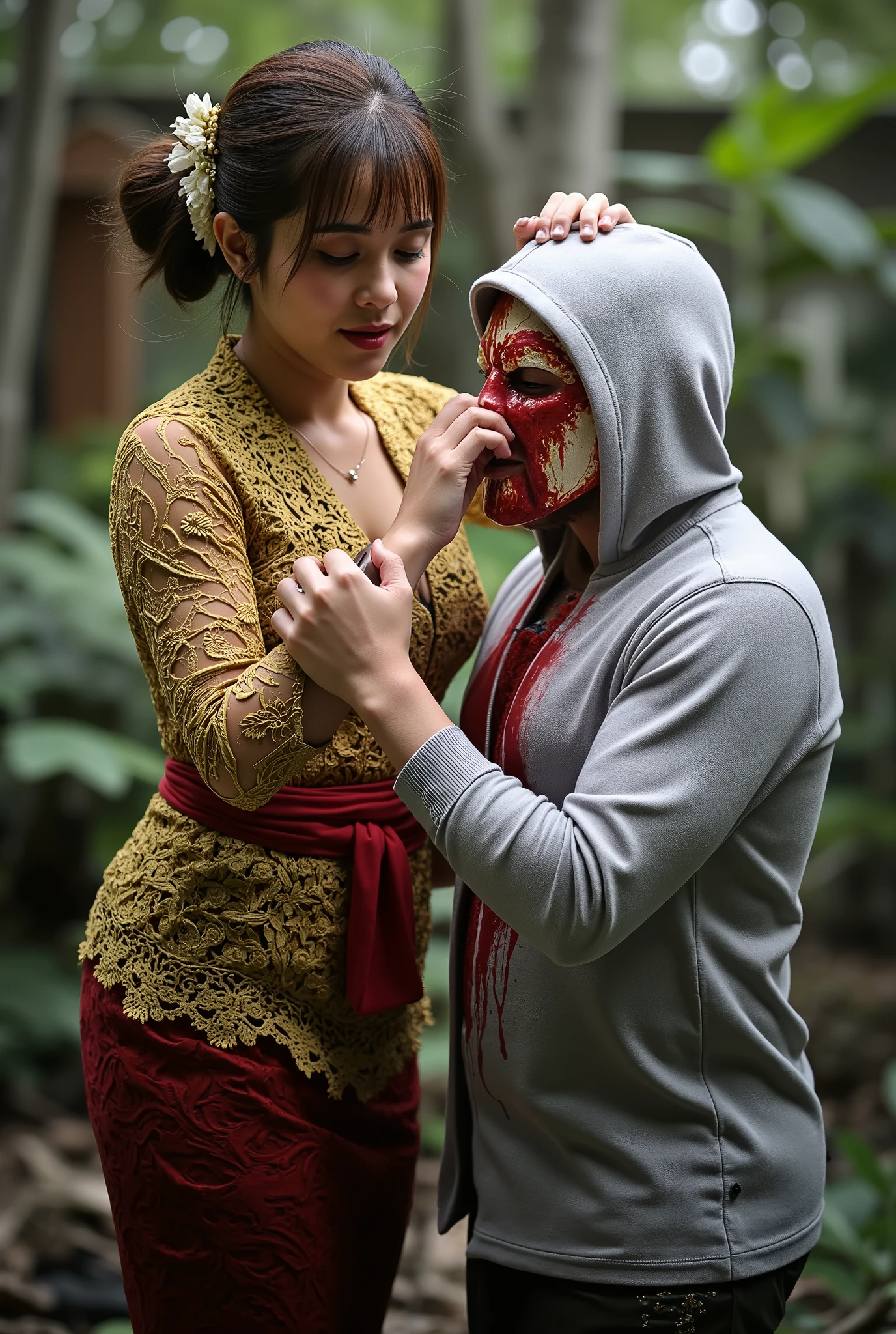 woman kill male, woman cut throat male, woman knife, woman kebaya bali Indonesia, male full face mask, blood flowed freely down Male neck, male neck spurted out a lot of blood, male hoodie