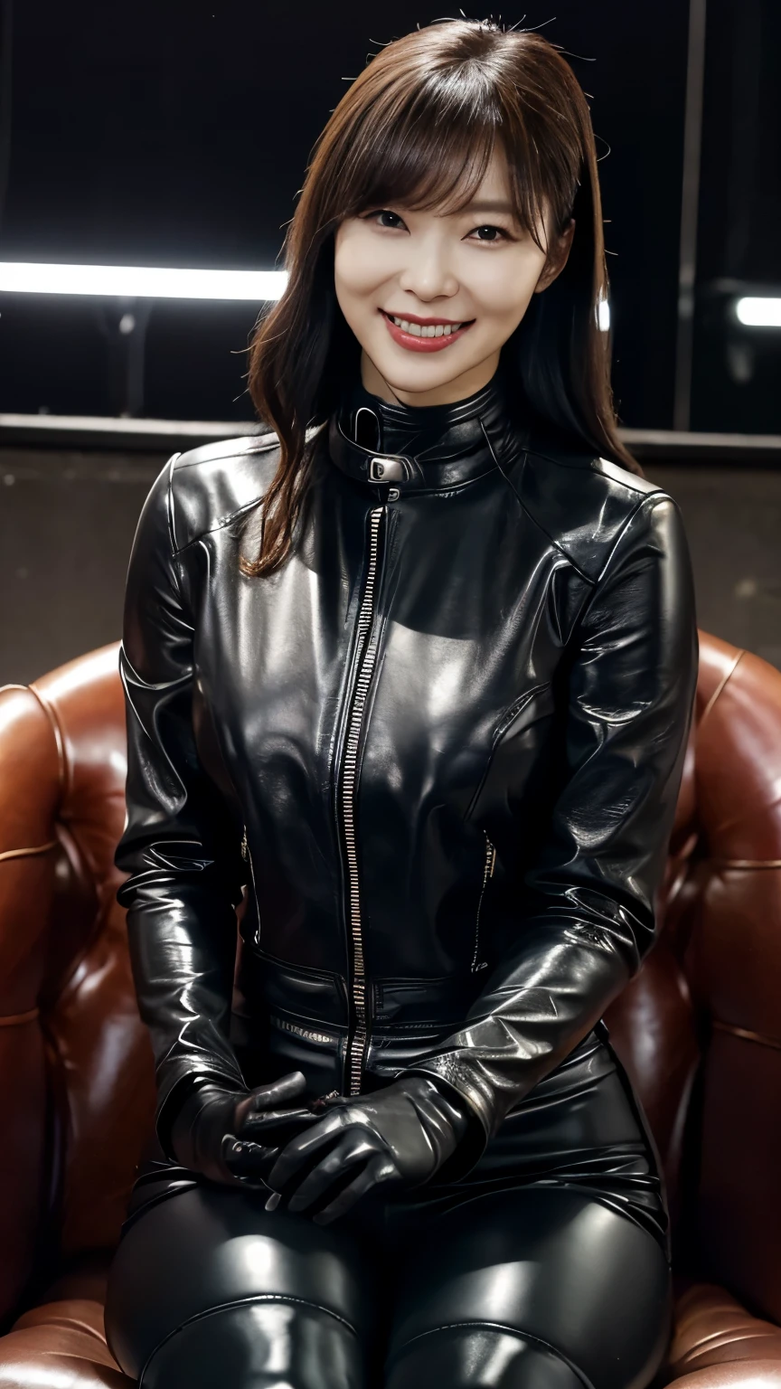  black leather rider jacket , Office in the Dark, Black leather gloved fingertips on both hands,Wearing black leather gloves,Sitting in a black leather chair、 Japanese female new recruits (Black leather gloves cover both hands) (The angle is horizontal)、Black Leather Pants,Black Leather Black Leather Pants, black leather skinny pants 、very tight fit.   Black long leather boots on both feet、 dark hair ponytail that shines when wet((She wears black leather gloves on her hands))Full Body Photo, full body shot full body full body leather suit ,☺(Long boots plus leather pants boots in :1.5)、Full body shot from head to toe、very tight fit. If you turn in this direction。Wearing black leather gloves,Wearing black leather gloves,Wearing black leather gloves,Wearing black leather gloves,Wearing black leather gloves,Wearing black leather gloves,黒のレザーパンツが美しい😍黒のレザーパンツが美しい😍黒のレザーパンツが美しい,😍こちらを見ながら笑faceで微笑yeahでる,City lights、(Cyberpunk City Street:1.3))、 detailed lighting、

 best image quality 、 super high res、(yeah:1.4)、Korean Beauty Star、The most beautiful KPOP stars、face、Horny Korean Makeup、A body that makes you want to touch it、Realistic leather texture、Costume made of smooth leather fabric、The drape of the curved parts of the leather fabric、The costume is very shiny、Quality of the costume、8K Photo Quality、(shy Smile:1.4)