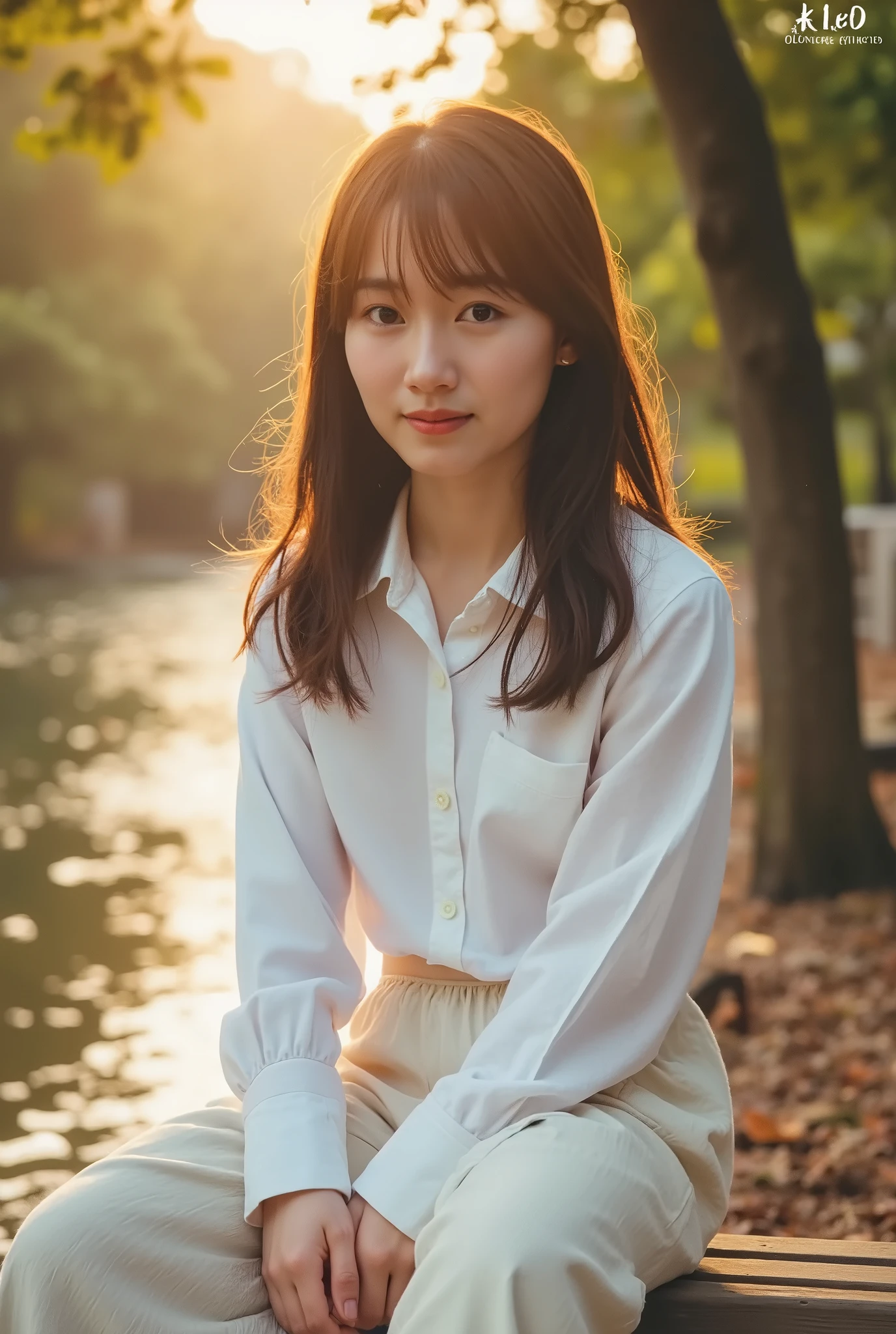   top quality 、8,masterpiece、、 super high res、( photorealistic:1.4)、Original photo、 girl 1人、 dark brown hair、 medium hair、 digital art , ( girl ,  Baggy pants,  white shirt,  Modest Smile,  Cute Looks ), (Sitting on bench, River in the background,  Golden Hour ),, 