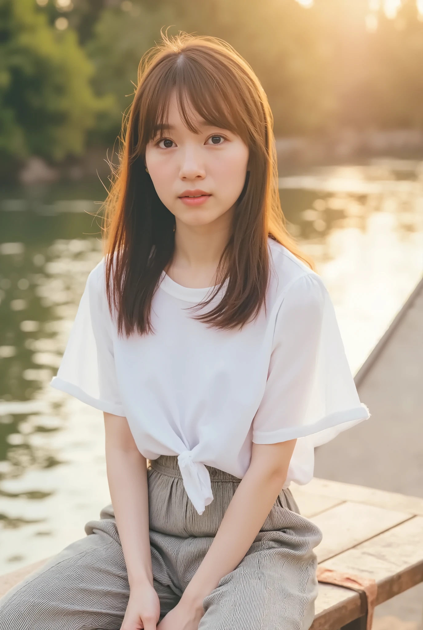   top quality 、8,masterpiece、、 super high res、( photorealistic:1.4)、Original photo、 girl 1人、 dark brown hair、 medium hair、 digital art , ( girl ,  Baggy pants,  white shirt,  Modest Smile,  Cute Looks ), (Sitting on bench, River in the background,  Golden Hour ),, 