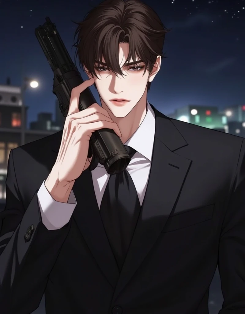 A handsome man in suit, dark brown hair, medium skintone with warm undertone, hazel eyes, holding a gun, posing in night view background, anime semi realism art style, manhwa art style, digital art style, avoid blank stares, add expression