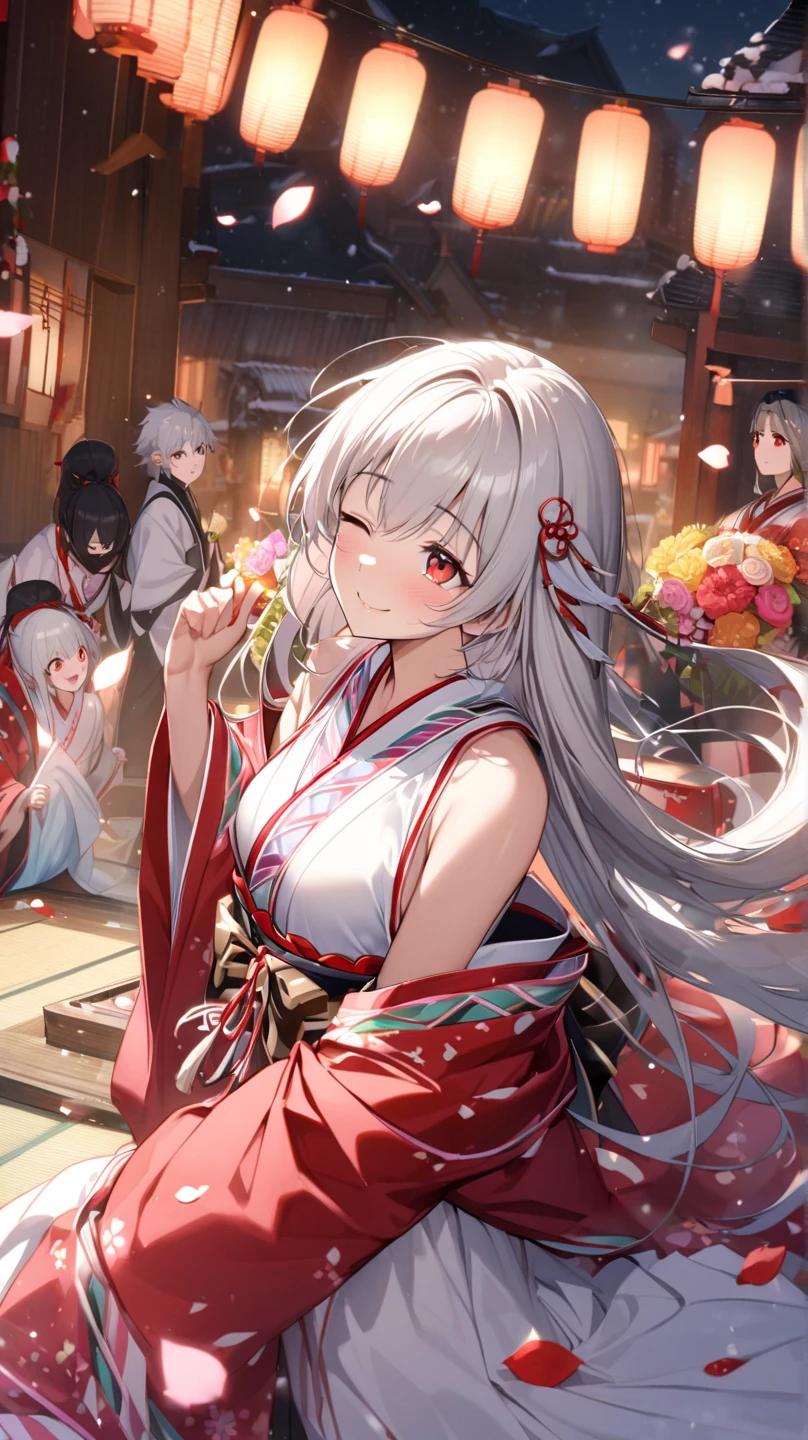 ( top quality, ),  beautiful women (Red eyes), elements. well-groomed face 、 Shy Expression 、 Silver Hair、 red eyes、smile(one eye closed、Looking up)、                      Ultra Fine             ,  A Girl in a Glittering Shrine Maiden、 Surrounded by beautiful petals、One eye is covered by hair、alone,  1 girl , chest, A flower that flutters softly、Wind、 Cowboy Shot , ribbon,  back view,  New Year&#39;s Eve、Kotatsu、White Shrine Maiden 、chest、 sleeveless 、Snow Scene、Kunoichi、ninja、End of the year、 Plurals、Moon viewing、Japanese style、  sexy poses、bouquet、綺麗なbouquet