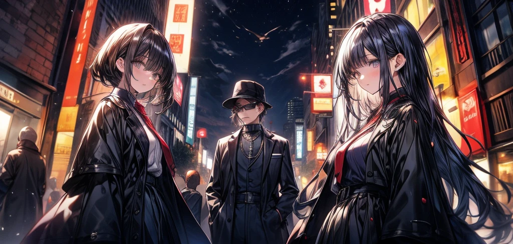 Create a banner for the game "Mafia". Depict the theme of day and night change, where at night the mafia is armed, and during the day they are regular people. In the foreground, show the mafia members with their ladies, dressed in elegant suits and evening gowns, in a nighttime setting with shadows and mysterious lights emphasizing their villainous nature. During the day, they transform into regular townsfolk in everyday clothes, set against a bright, sunny background. In the center of the banner, place the bold text "Mafia," connected to the atmosphere of nighttime mystery and tension.