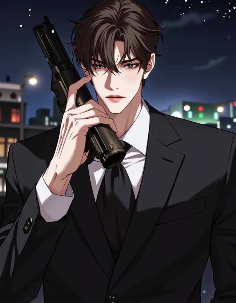 A handsome man in suit, dark brown hair, medium skintone with warm undertone, hazel eyes, holding a gun, posing in night view background, anime semi realism art style, manhwa art style, digital art style, avoid blank stares, add expression