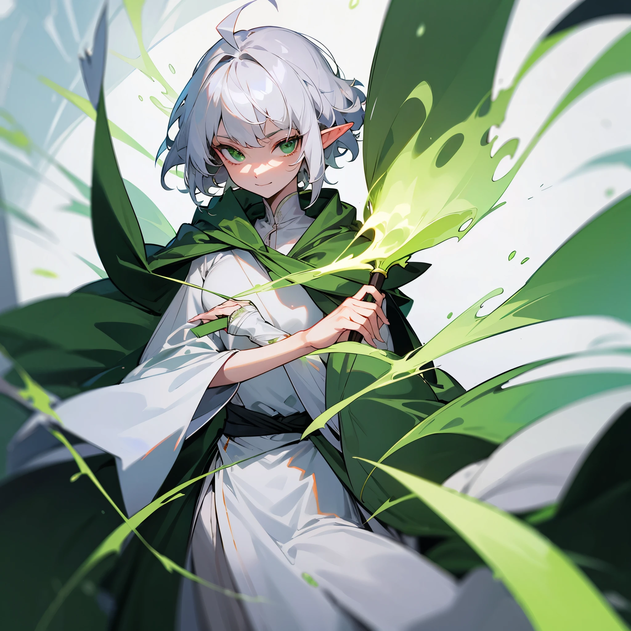 elf, female, silver hair,short hair, medium cut, ahoge, curly hair, green eyes,slender, green cloak, White wizard robe, fair skin, cool mild Smile, annoyance,