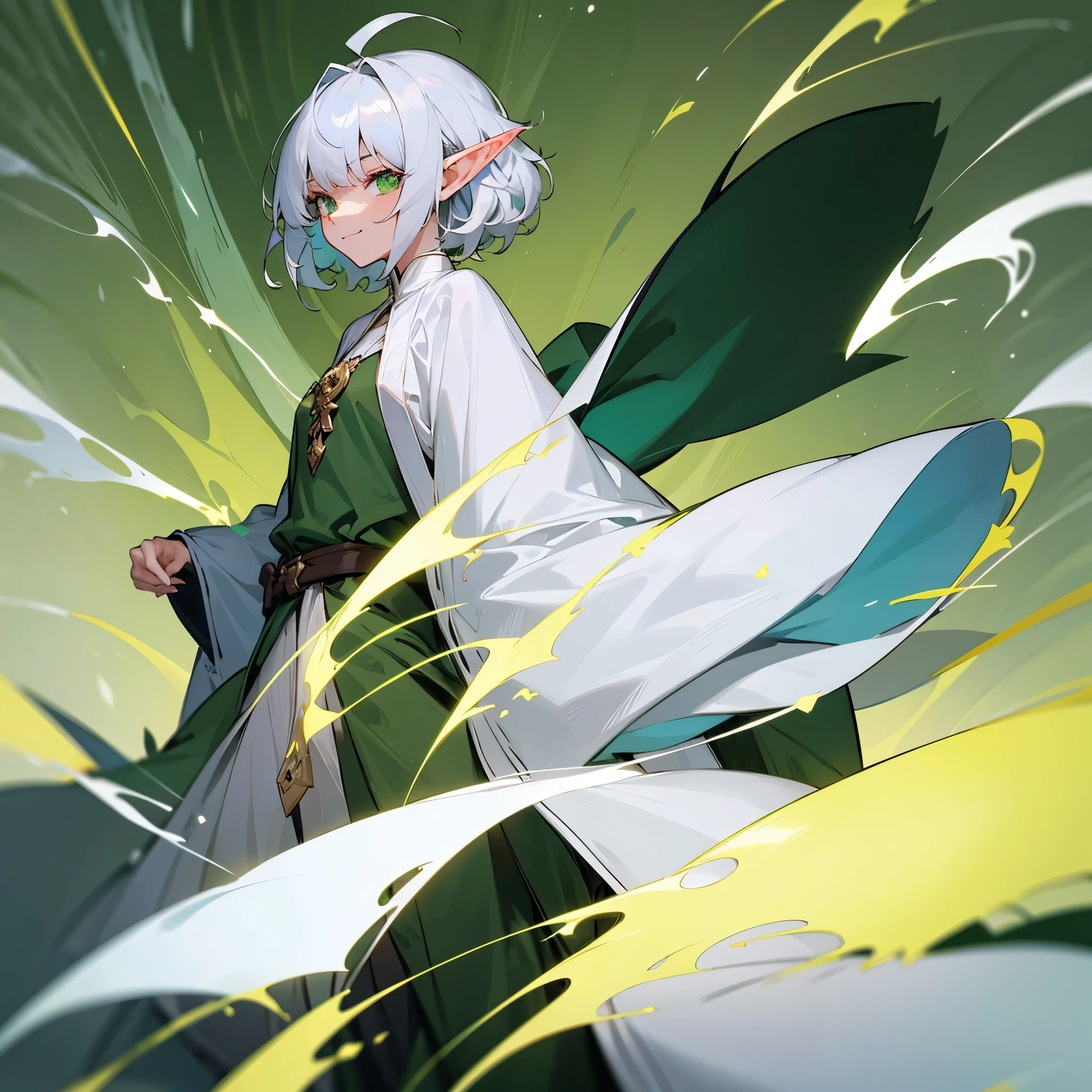elf, female, silver hair,short hair, medium cut, ahoge, curly hair, green eyes,slender, green cloak, White wizard robe, fair skin, cool mild Smile, annoyance,