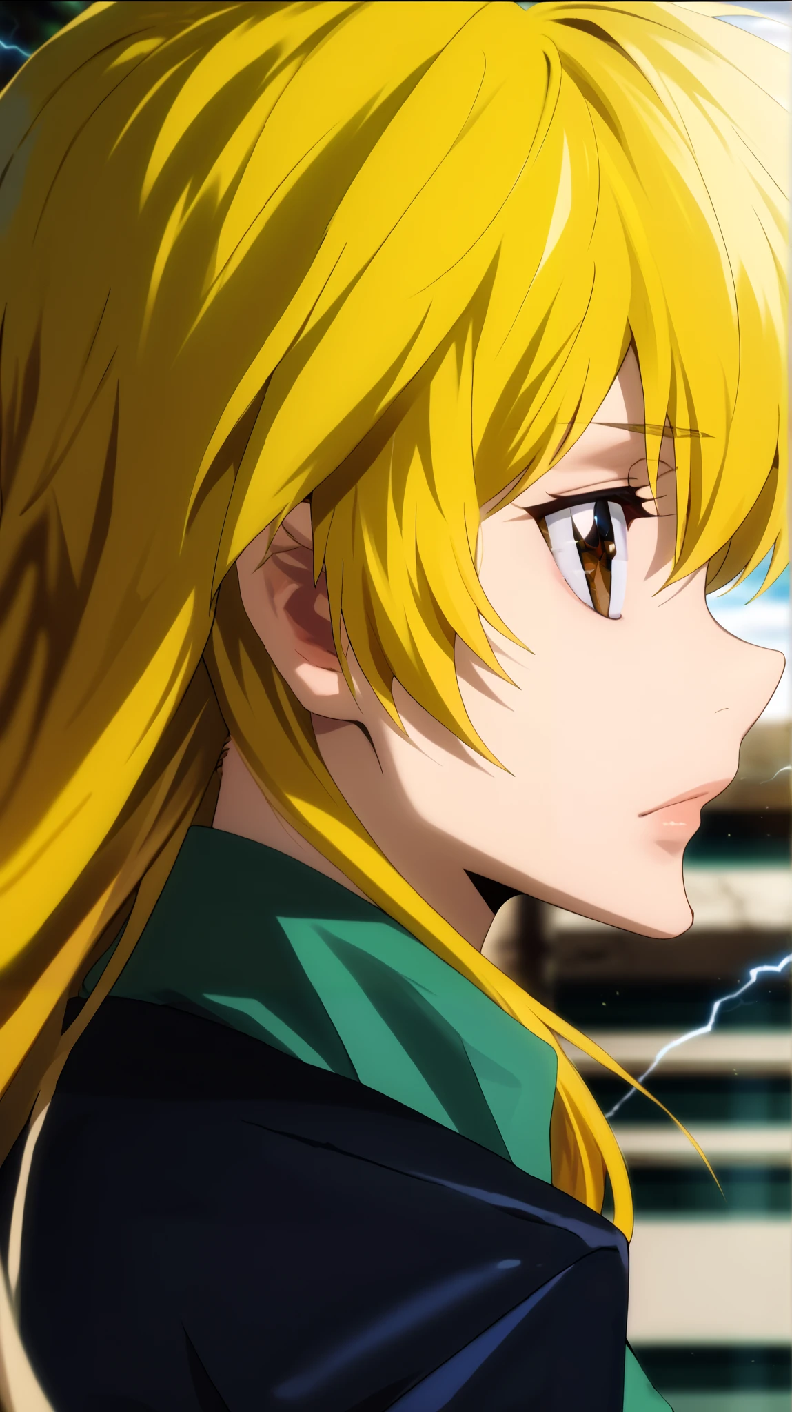  1 girl fights,  in profile ,  clear focus ,  soft lighting , ( Very detailed face  ), ( very detailed eyes  ),  1 adult girl , кареглазая  blonde  ,  Depth of field  , ((  looks at the viewer )),  in profile  (( long bright yellow hair develops in the wind,  long blond hair to the waist )), shorts,  blonde  ,  long sleeves,  brown eye  , khaki t-shirt (( of the military-colored shirt )), high,  small bust , Breasts, shorts,  black leather thigh length boots  , in the anime style katekyo hitman reborn  ,  against the background of green electric lightning ,  green electrical discharges around the body, slightly opened her lips , blush,  long hair to the waist ,  long yellow hair 