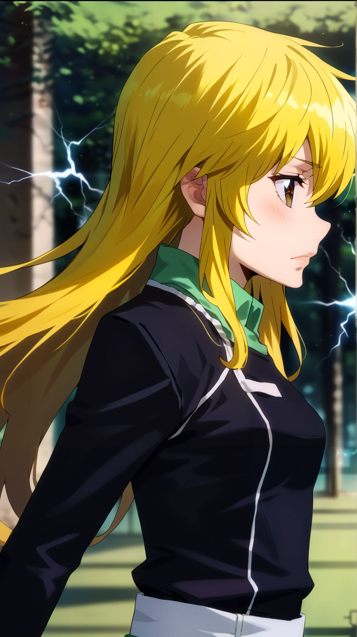  1 girl fights,  in profile ,  clear focus ,  soft lighting , ( Very detailed face  ), ( very detailed eyes  ),  1 adult girl , кареглазая  blonde  ,  Depth of field  , ((  looks at the viewer )),  in profile  (( long bright yellow hair develops in the wind,  long blond hair to the waist )), shorts,  blonde  ,  long sleeves,  brown eye  , khaki t-shirt (( of the military-colored shirt )), high,  small bust , Breasts, shorts,  black leather thigh length boots  , in the anime style katekyo hitman reborn  ,  against the background of green electric lightning ,  green electrical discharges around the body, slightly opened her lips , blush,  long hair to the waist ,  long yellow hair 