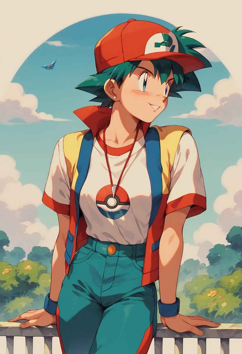 Ash ketchum on a romantic date with Misty, retro anime, pokemon style, classic red hat, original Outfit, pokemon style