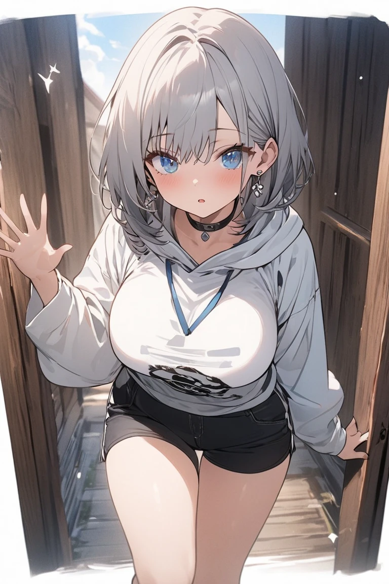 Ultra-high resolution, 8k,high quality,(((low length,、Young Girl、Cat Hoodie))),(Retrospective angle,Cunning Hand),(、glowing、iridescent light,soft shadow,Anime Painting,thin line drawing),One Little Woman,(((Big Tits、Round Breasts))),