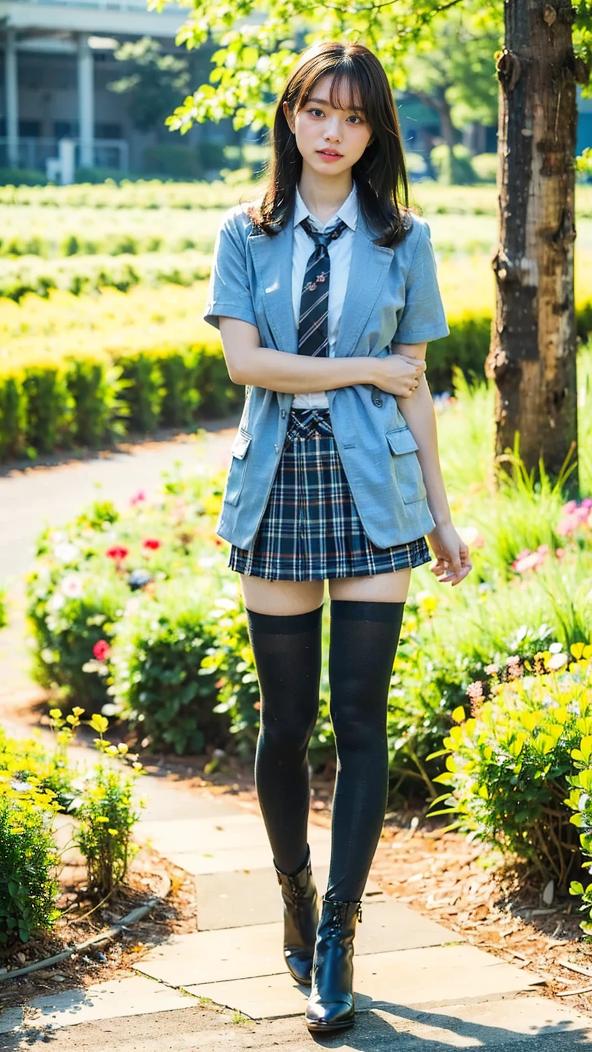 (8k、     RAW photos   、   top quality、masterpiece   :1.2)、(   realistic  、   realistic  )、1 person、((bangs、 ties、 shows shoulders、tights、 boots、Light blue jacket、Short sleeve、whole body、 Black Plaid Mini Skirt、 shows shoulders、Flower Field、Narrow waist、 curled hair 、  standing facing you   )、 cute