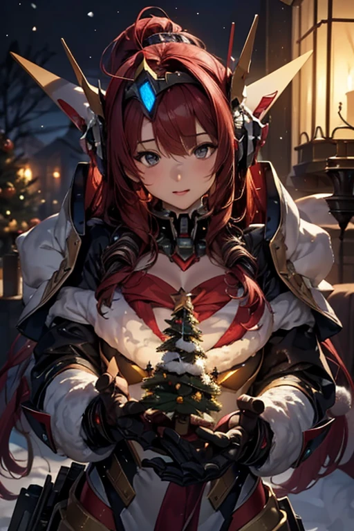 Masterpiece, absurdres, best quality, ferry_santa, red dress, underboob cutout, fur trim, detached sleeves, thighhighs, snow, <lora:ferry:1>