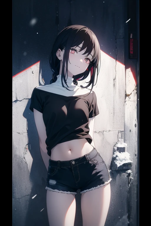 [artist:ningen_mame],[artist:sho_(sho_lwlw)],[artist:mignon],[artist:kedama milk],[artist:ask_(askzy)],artist:wanke,artist:wlop,artist:fujiyama,year 2024,8k,1girl,(Miyu Edelfelt),black hair,brown eyes,small chest,x hair ornament, solo, loose clothes,crop top, denim shorts, choker, graffiti paint splatter, arms behind back, (slouching), bent over, against wall, looking at viewer, armband, thigh strap, streaked hair, paint on body, upturned eyes, head down, head tilt, (from above:1.3), bored,expressionless