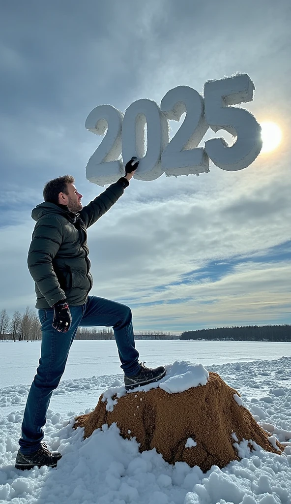 

“A hyper-realistic, cinematic winter scene. A handsome man dressed casually is stepping on a large, cracked 3D number ‘2024’ made of earth, which crumbles under the weight of his foot. In the sky, a glowing 3D number ‘2025’ with a cloud-like texture floats. The man reaches for it with his hands raised, his gaze intense and determined, expressing joy and ambition. The atmosphere is cold and crisp, with visible breath and soft winter lighting, creating an authentic and dramatic ambiance.”