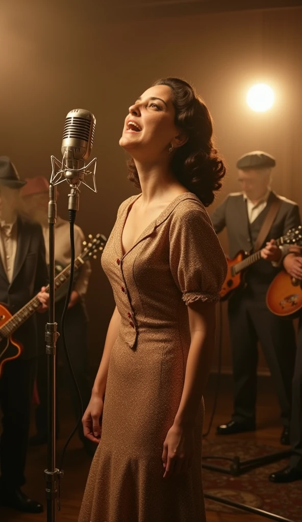 A 1940s recording studio with a warm, sepia glow. In the center, an old-fashioned microphone is surrounded by vintage analog equipment. A young woman, personified as a song, stands by the microphone, dressed in a 1940s style dress. She exudes excitement and energy as she sings. Musicians play in the background, with instruments typical of the era. The room feels alive with the birth of a new creation. (size: 1024x1024)