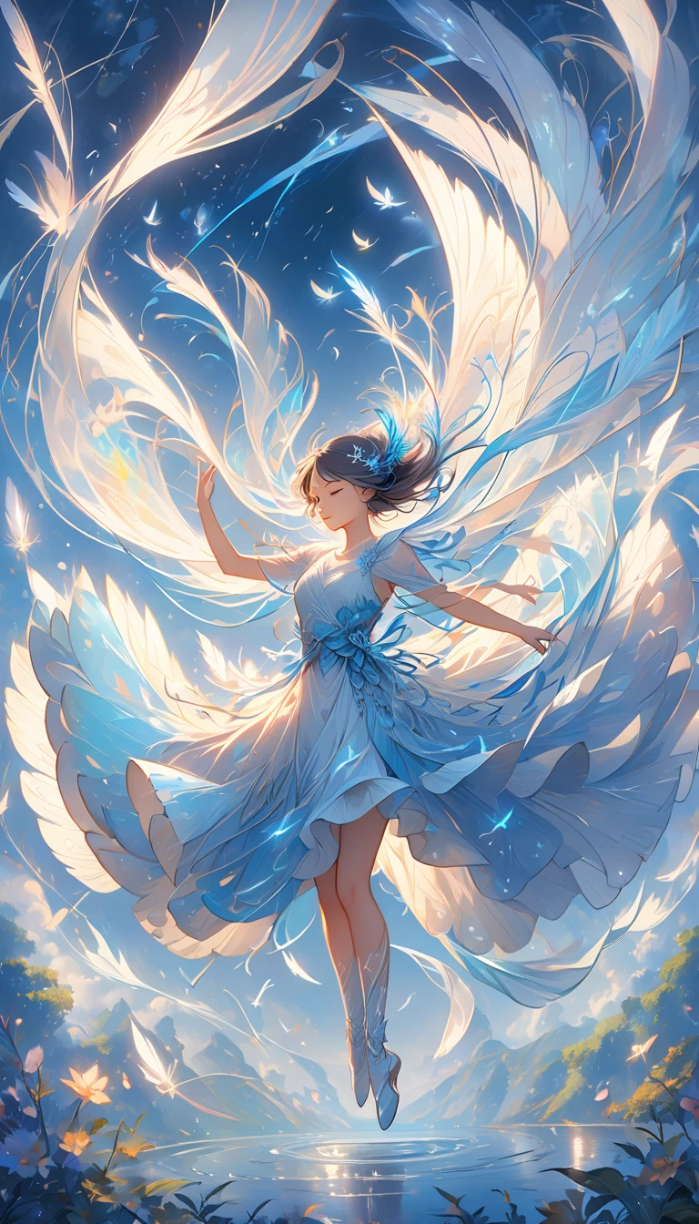 A graceful wind dancer performing atop a floating temple in the sky, their translucent ribbons flowing with the breeze. Long, ethereal hair and flowing garments blend with the wind, glowing softly under the moonlight. Magical wind glyphs swirl around the dancer, while glowing particles and feathers drift in the air. The scene is bathed in a palette of soft blues and silvers, creating a serene yet mystical atmosphere. Ultra-detailed, masterpiece, ethereal beauty, 8K resolution.