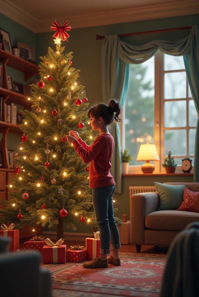 develop a high-quality image with advanced levels of detail, inspirado no estilo visual charmoso e animado da Disney Pixar. The scene depicts an adorable child, por volta de 8 anos, decorating your Christmas tree in a beautiful living room.
Detalhes da cena:
Charming child:
Expressive features and a captivating smile.
Roupas coloridas e alegres, em linha com o estilo da Pixar.
Animated Christmas Tree:
adornado com luzes cintilantes, ornamentos vibrantes, e fitas divertidas.
The tree may have a subtle personality, refletindo o estilo animado da Disney Pixar.
Magical living room:
vibrante, immersive lighting that enhances the magical atmosphere.
Charming details in the living room decor.
Presentes Vivos:
Gifts with a playful appearance, com cores vivas e tamanhos variados.
Detalhes detalhados, como agitar fitas e papel de embrulho que parece ganhar vida.
Janela de Neve Encantada:
Uma ampla janela com flocos de neve caindo suavemente do lado de fora.
Crie um efeito animado na neve para adicionar dinamismo.
Detalhes no estilo Pixar:
Add fun, unexpected elements that capture the unique charm of the Pixar style.
Enhance facial expressions and movements to create a sense of animation.
Notas adicionais:
The image should convey a sense of wonder and joy, typical of Disney Pixar animations.
Explore textures and details that evoke the feel of an animated story.
Technical Notes:
Busque uma paleta de cores vibrantes e fascinantes.
Sharp details to ensure maximum image quality.
Make sure the scene looks lively and charming, refletindo o estilo diferente da Disney Pixar.
May magic and imagination come together to create an enchanting representation of this Christmas scene in the unmistakable Disney Pixar style.