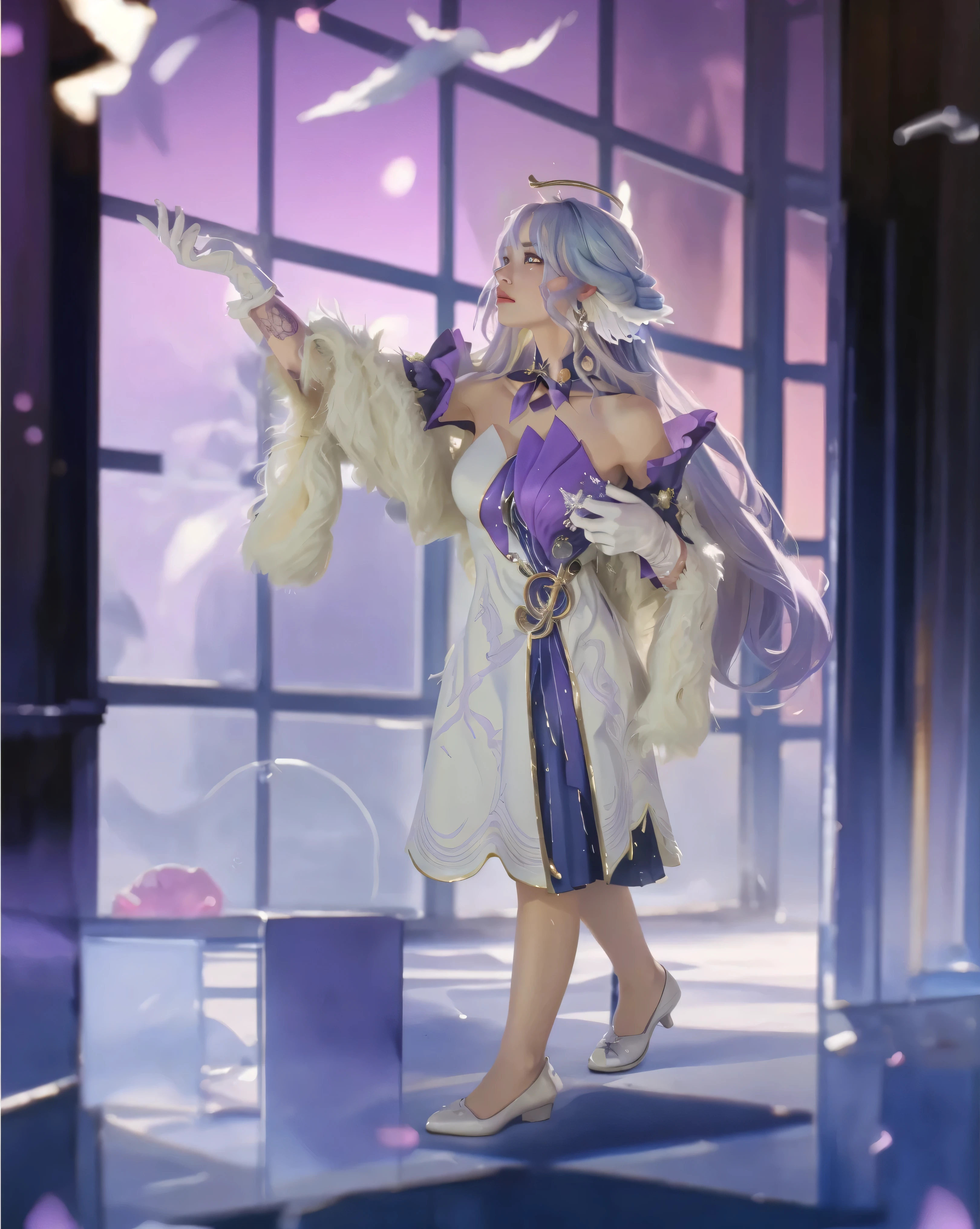 ((ROBIN_HONKAI STAR RAIL),((realistic, photorealistic)),(highlight hair)), Light reflection, (( HD )),((upper body)), (((best quality, masterpiece))), (masterpiece) (best quality) (detail) (8k) (HDR) (wallpaper) (cinematic lighting) (sharp focuasterpiece, best quality: 1.1), Real life adaption of this character, Asian  beauty face, Shining Purple eyes, realistic outfit, realistic shadow, realistic light, realism, hyper realistic, realistic background,(photorealistic:1.2), masterpiece, best quality, 1girl,robin,head wings,strapless dress,white gloves,white dress,purple dress,collarbone,