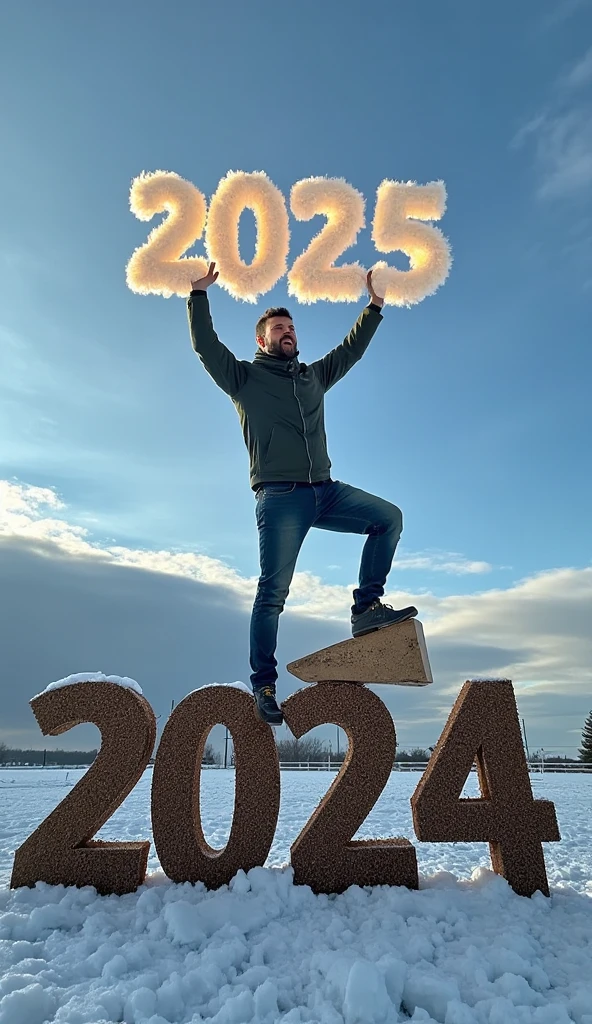 
“A hyper-realistic, cinematic winter scene. A handsome man dressed casually is stepping on a large, cracked 3D number ‘2024’ made of earth, which crumbles under the weight of his foot. In the sky, a glowing 3D number ‘2025’ with a cloud-like texture floats. The man reaches for it with his hands raised, his gaze intense and determined, expressing joy and ambition. The atmosphere is cold and crisp, with visible breath and soft winter lighting, creating an authentic and dramatic ambiance.”