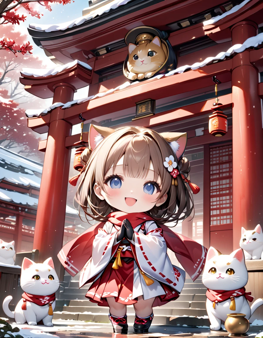 (masterpiece), (ultra-detailed), (best quality), (clear focus), dramatic scene, cinematic, shadow, (ultra-high resolution), (8k), perfect anatomy, perfect face, (detailed face), (detailed eye), (chibi:1.3), (cute Japanese chibi small girl:1.3), famous Japanese chibi idol but Japanese shrine maiden, very beautiful with cute but cool face, (the girl is wearing a cute miko costume with scarf:1.2), glove, snow boots, (medium breasts), (She is standing in front of a shrine gate with her giant fat cat friends:1.3), The heavily snow covered main shrine and five-story pagoda of a magnificent shrine, , warm winter sunshine, professional lighting, (the family of human-like giant fat cats is visiting the shrine:1.3), (detailed giant fat cat:1.2), (showing), leafless trees, they looks so happy, happy smile, very wide shot