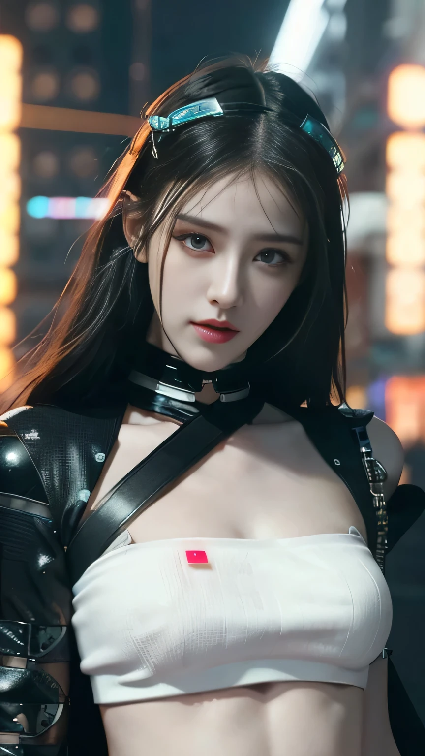 game art,best picture quality,Highest resolution,8k,((A half-length photo)),((portrait)),(rule of thirds),Unreal Engine 5 rendering works, (Future girl),(female warrior), 22-year-old young hacker),(ancient oriental hairstyle),(Beautiful eyes full of details),(big breasts),(eye shadow),Elegant and charming,indifferent,((frown)),(Combat suit full of futuristic technology,The costume combines futuristic power armor and,Clothing is decorated with glittering patterns and emblems),cyberpunk characters,in the style of futuristic, photo poses,city background,lamp,Ray tracing,Game CG,((3D Unreal Engine)),OC rendering reflection pattern