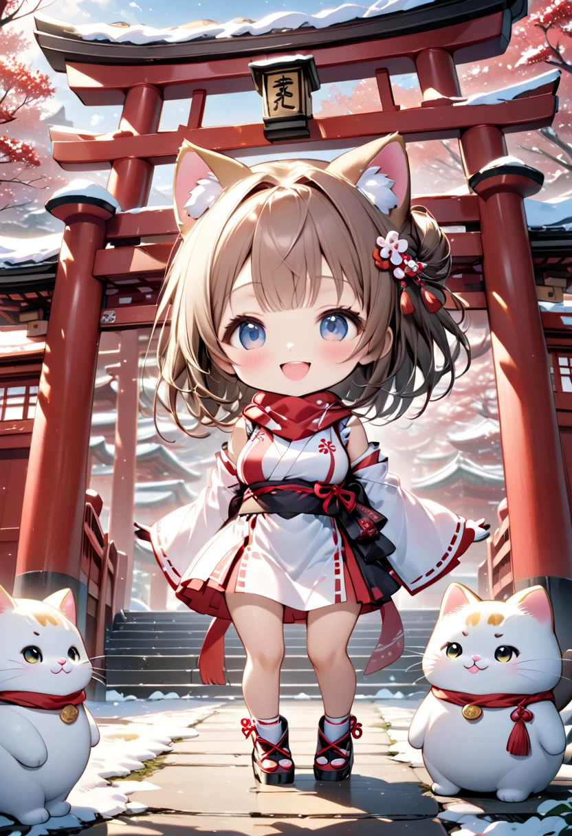 (masterpiece), (ultra-detailed), (best quality), (clear focus), dramatic scene, cinematic, shadow, (ultra-high resolution), (8k), perfect anatomy, perfect face, (detailed face), (detailed eye), (chibi:1.3), (cute Japanese chibi small girl:1.3), famous Japanese chibi idol but Japanese shrine maiden, very beautiful with cute but cool face, (the girl is wearing a cute miko costume with scarf:1.2), glove, snow boots, (medium breasts), (She is standing in front of a shrine gate with her giant fat cat friends:1.3), The heavily snow covered main shrine and five-story pagoda of a magnificent shrine, , warm winter sunshine, professional lighting, (the family of human-like giant fat cats is visiting the shrine:1.3), (detailed giant fat cat:1.2), (showing), leafless trees, they looks so happy, happy smile, very wide shot