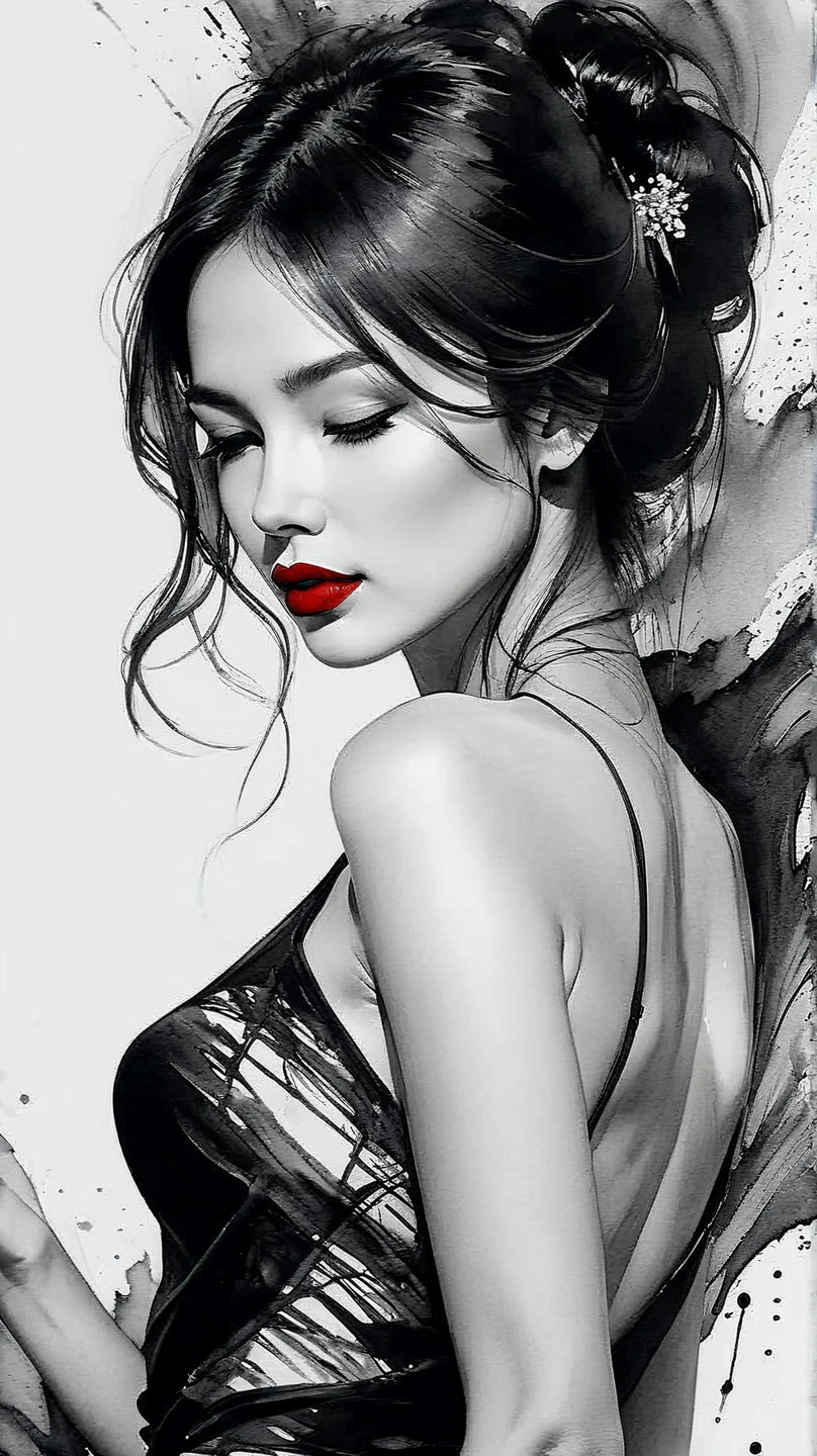 Sexy woman, black and white ink painting, pen sketch, soft brush strokes, delicate line drawing with pen, fluid action, subtle ink tones, elegant pose, peaceful expression, delicate facial features, ink, dust, wet. Black and white, only red lips, clean