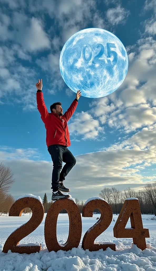 “A hyper-realistic, cinematic winter scene. A handsome man dressed casually is stepping on a large, cracked 3D number ‘2024’ made of earth, which crumbles under the weight of his foot. In the sky, a glowing 3D number ‘2025’ with a cloud-like texture floats. The man reaches for it with his hands raised, his gaze intense and determined, expressing joy and ambition. The atmosphere is cold and crisp, with visible breath and soft winter lighting, creating an authentic and dramatic ambiance.”