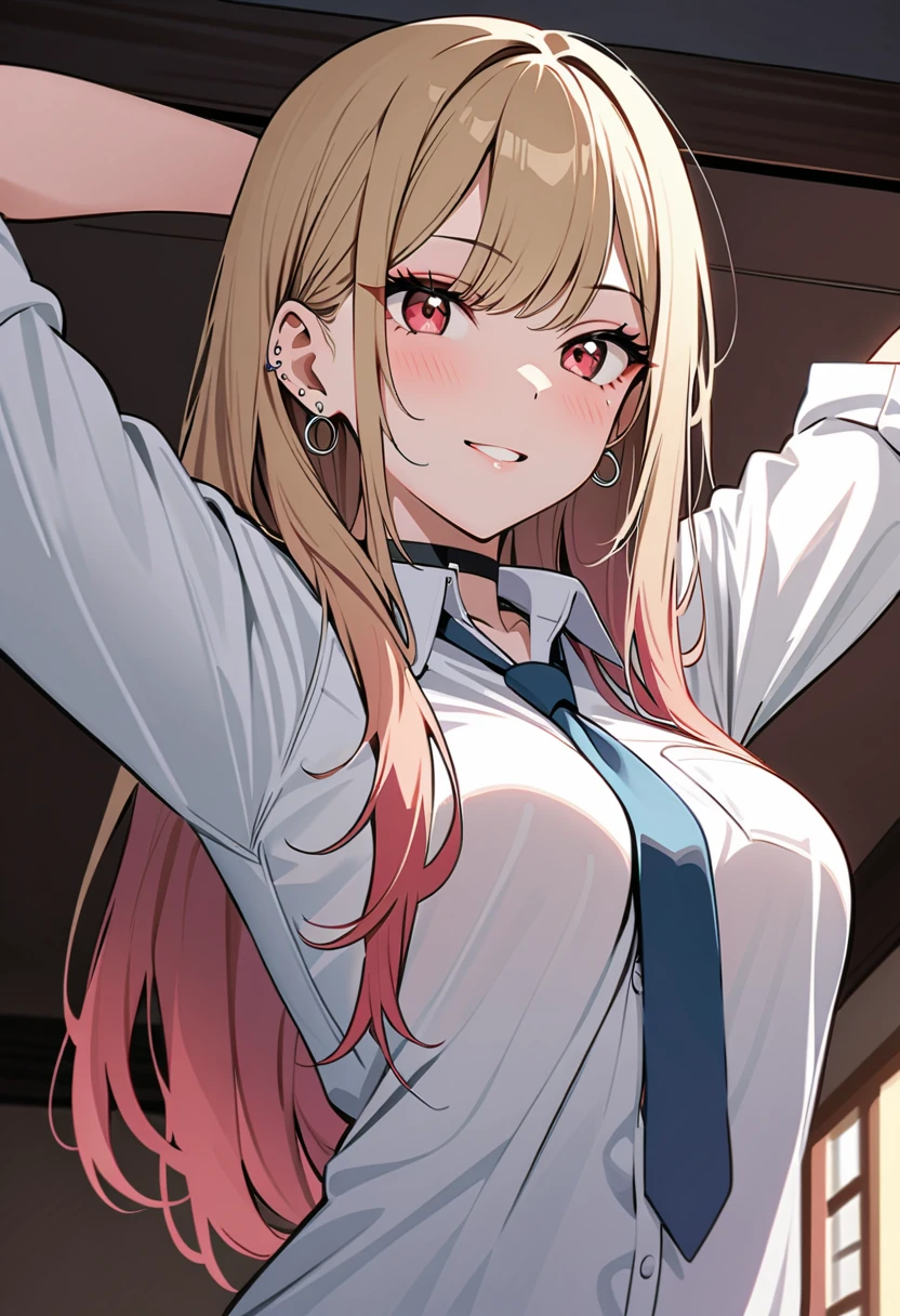 (masterpiece,  top quality , Mysterious aesthetics,  super detailed ),  detailed information,  One Girl , Kitagawa Marine , sono bisque doll wa koi wo suru,  blondes,  red eyes,  ear earrings,   barbell earrings  ,  Black Choker,  shirt with shirt ,  white shirt,  earrings for women with first name,  blue tie , Green,  raises arms, in,  at the ceiling of the house,  upper body,