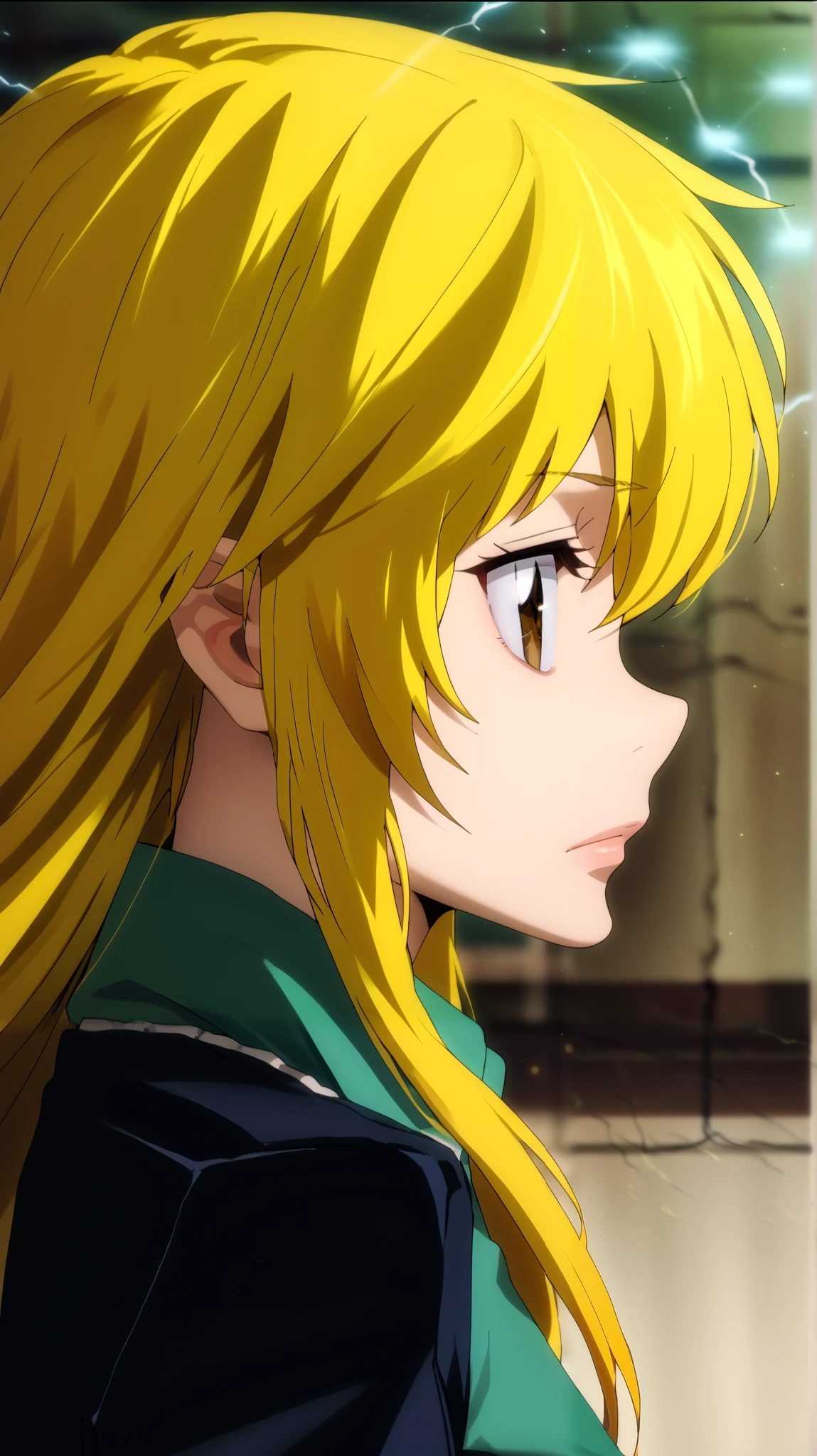  1 girl fights,  in profile , in half a turn,  clear focus ,  soft lighting , ( Very detailed face  ), ( very detailed eyes  ),  1 adult girl , кареглазая  blonde  ,  Depth of field  , ((  looks at the viewer )),  in profile  (( long bright yellow hair develops in the wind,  long blond hair to the waist )), shorts,  blonde  ,  long sleeves,  brown eye  , khaki t-shirt (( of the military-colored shirt )), high,  small bust , Breasts, shorts,  black leather thigh length boots  , in the anime style katekyo hitman reborn  ,  against the background of green electric lightning ,  green electrical discharges around the body, slightly opened her lips , blush,  long hair to the waist ,  long yellow hair 