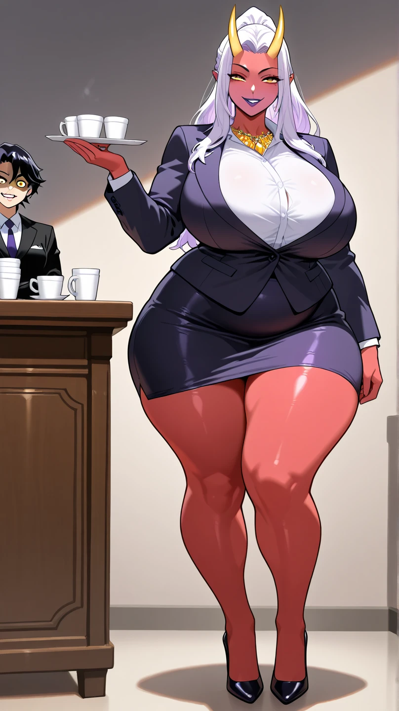  1 beautiful adult woman ,( masterpiece :1.3,  superior quality  :1.3,  very detailed representation :1.3,  incredible high resolution :1.3, High quality anime drawings ),(  oni office woman with smooth white ponytail hair,  red skin, purple lipstick, yellow eyes,  yellow crystal horns ,  An excellent secretary ,villain,cups),( Suit, tight skirt ,  formal shirt to accumulate strength ,  black tights,  luxurious accessory  ,  high heels ),( yellow eyes , crazy eyes ,  half-closed eyes:1.5, gorda, fat body, fatty, huge legs and arms ,  huge breasts , evil smile,  bright purple lips  ,seductive gestures,beautiful legs, Healthy Legs ,  curvy body , high quality skin ), full body images:1.3,