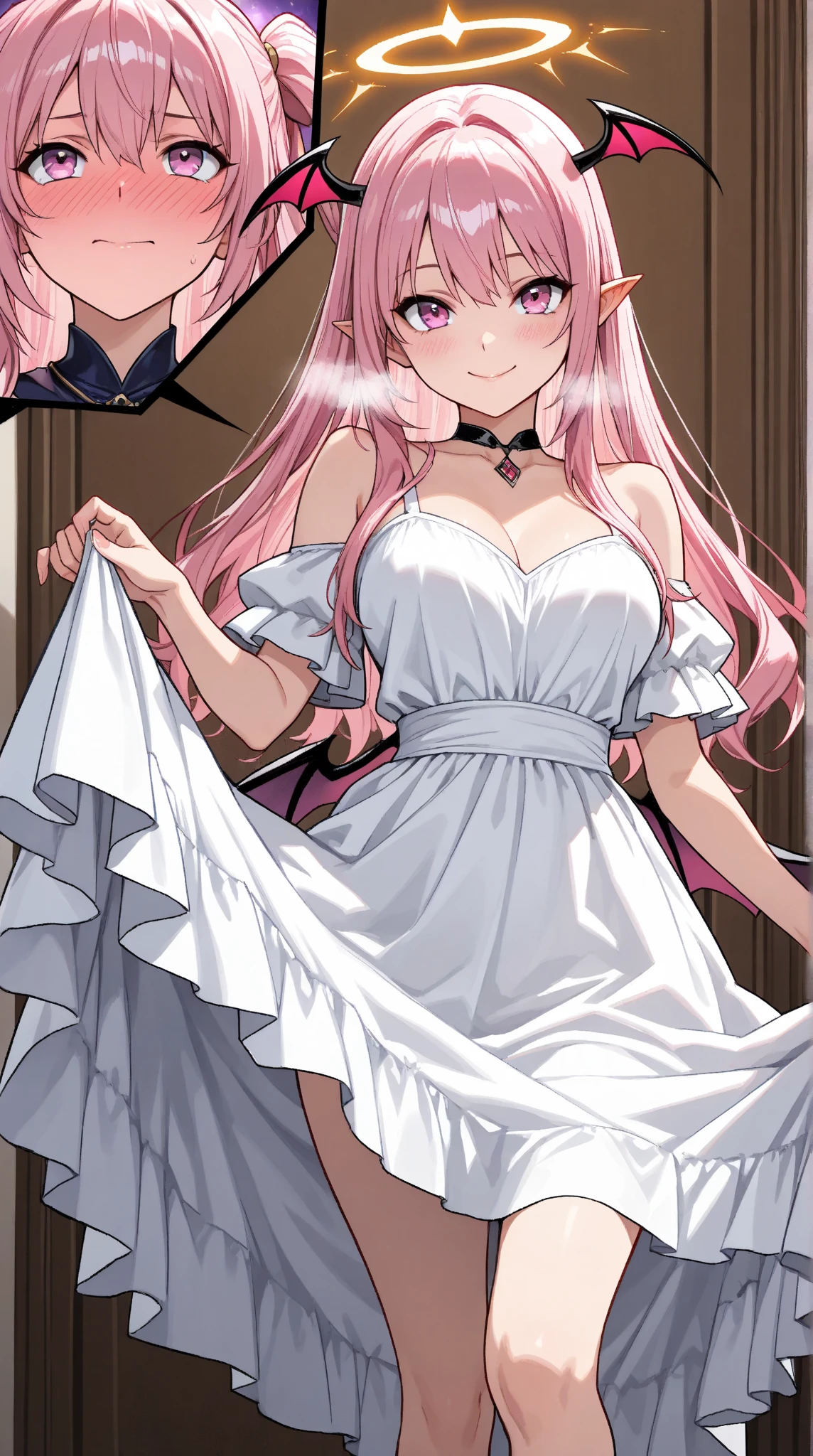 Girl with pink hair, long twin-tail hairstyle,((small bushy eyebrows)),, dressed in gothic wedding dress, ta clothing, loli, (in a church full of people), flirtatious smile, suddenly having sex in public, ((squinted eyes, red cheeks and drooling)) hands on belly, force the groom to have sex at the altar, wearing a wedding dress, 1 boy crying behind her