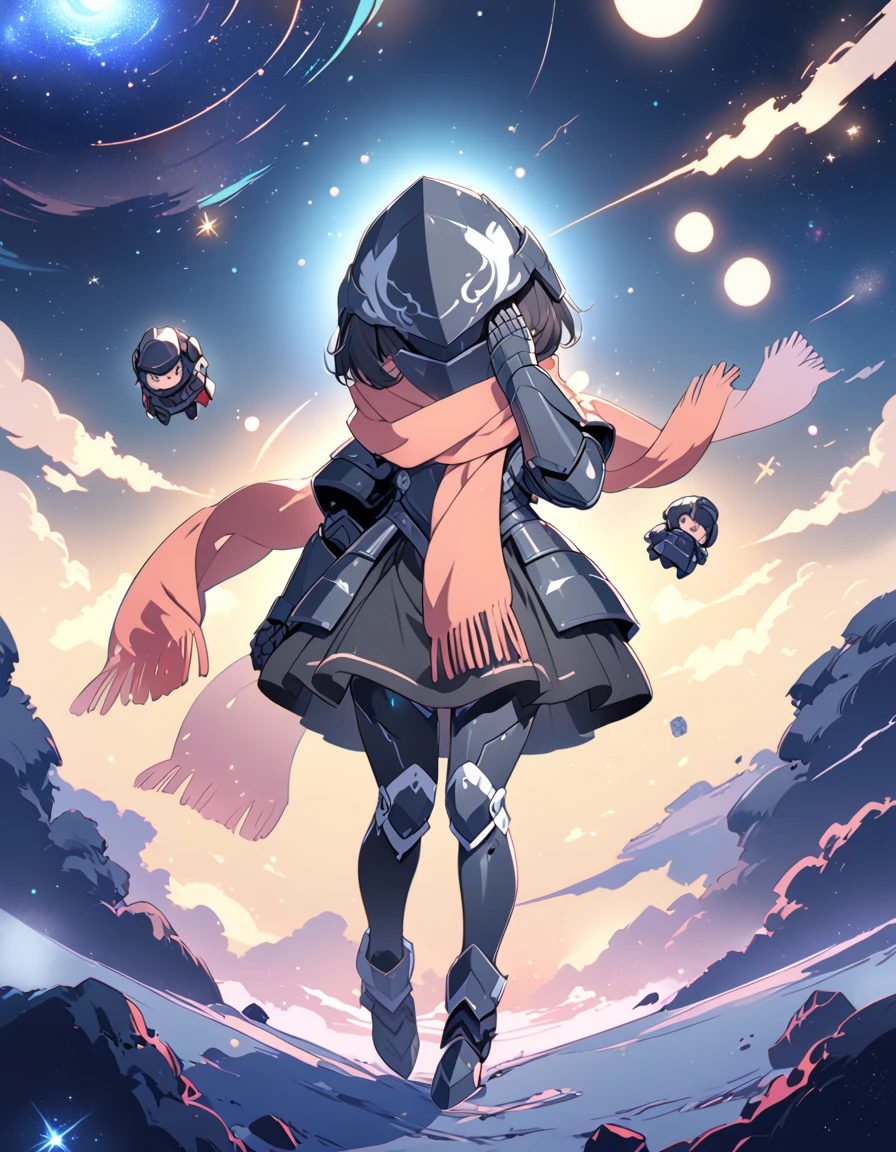 Detailed 8k cute theme , female knight in iron helmet covering her entire face and scarf,  short hair disheveled black wearing black technological armor with outer space in the background ( full body )