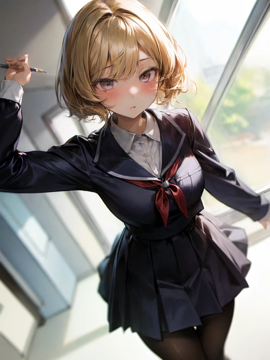 (masterpiece, highest quality:1.2)、(1 girl)、(high school uniform)、(School classroom)、(eyes half closed)、(lots of drool:1.3)、The body shakes violently、[:(detailed face:1.2):0.2] ,  ((Black very short hair)) ,  (black pantyhose),  arched back