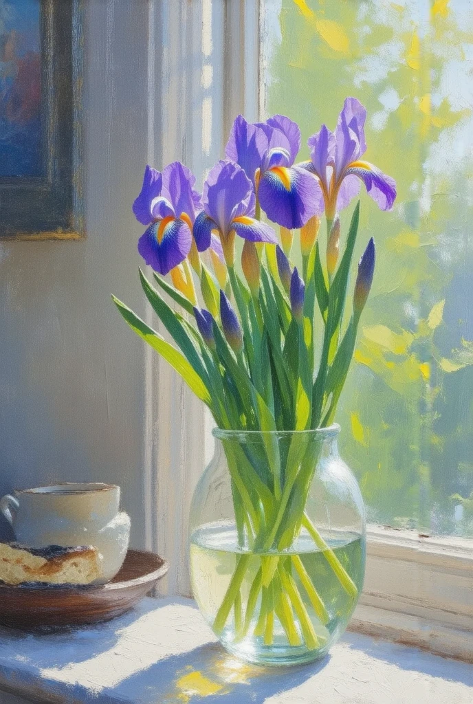 High Saturation，Textured Oil Painting ，Light and Shadow， Rough Brushstrokes and Textures：vase on the window sill。  purple irises。glass vase 。粉彩风格绘画 , Summer afternoons，Green
