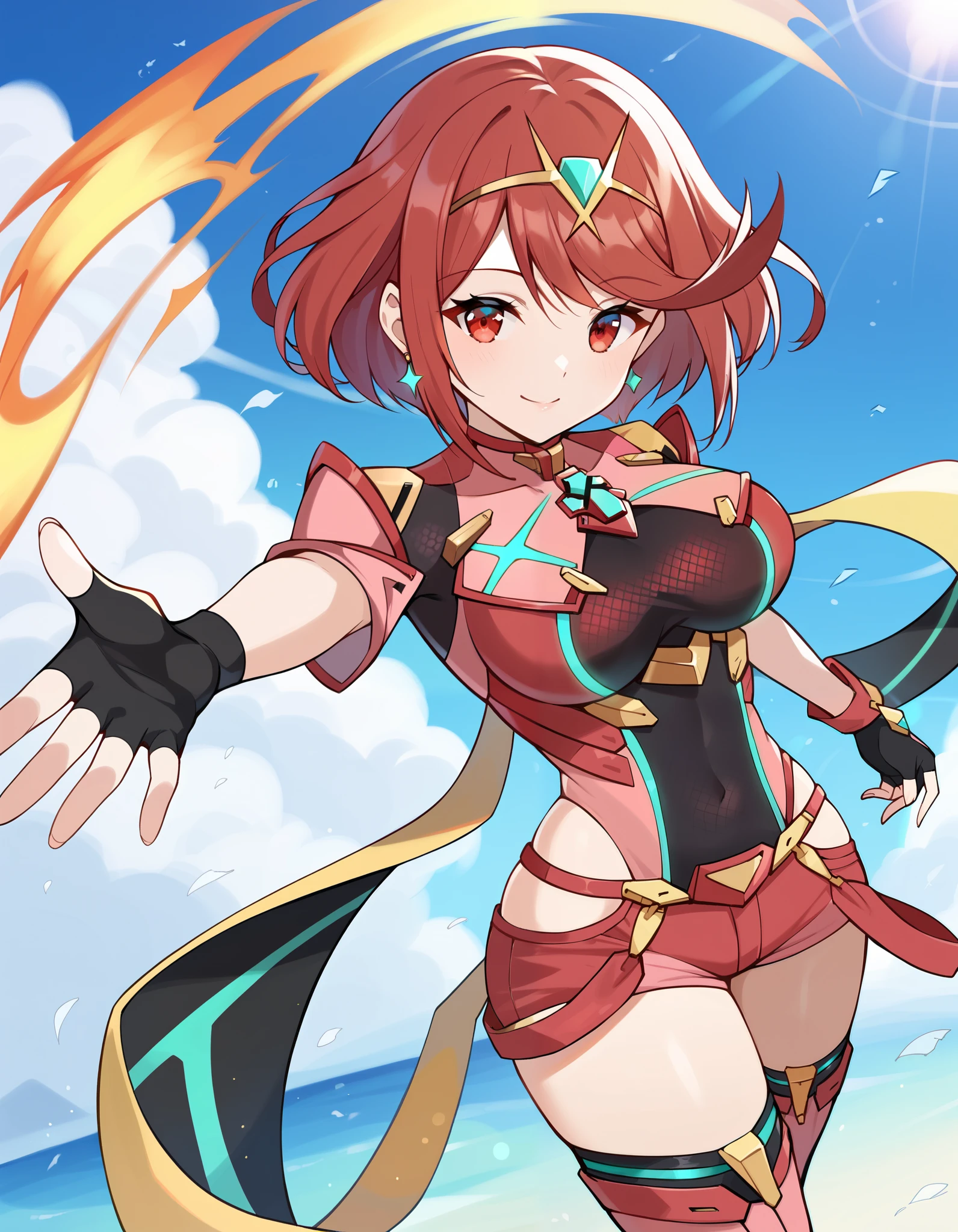 score_9, score_8_up, score_7_up, source_anime, rating_safe, BREAK pyra \(xenoblade\), 1girl, red hair, short hair, swept bangs, bob cut, red eyes, large breasts, tiara, earrings, chest jewel, backless outfit, bodysuit, covered navel, neon trim, clothing cutout, short sleeves, fingerless gloves, black gloves, short shorts, red footwear, thigh boots, floating, dutch angle, light smile, eye focus, closed mouth, looking at viewer, facing viewer, reaching towards viewer, outstretched arms, wind, floating hair, fire, aura, lightning, light particles, light rays, blue sky, cloud, sunlight, lens flare